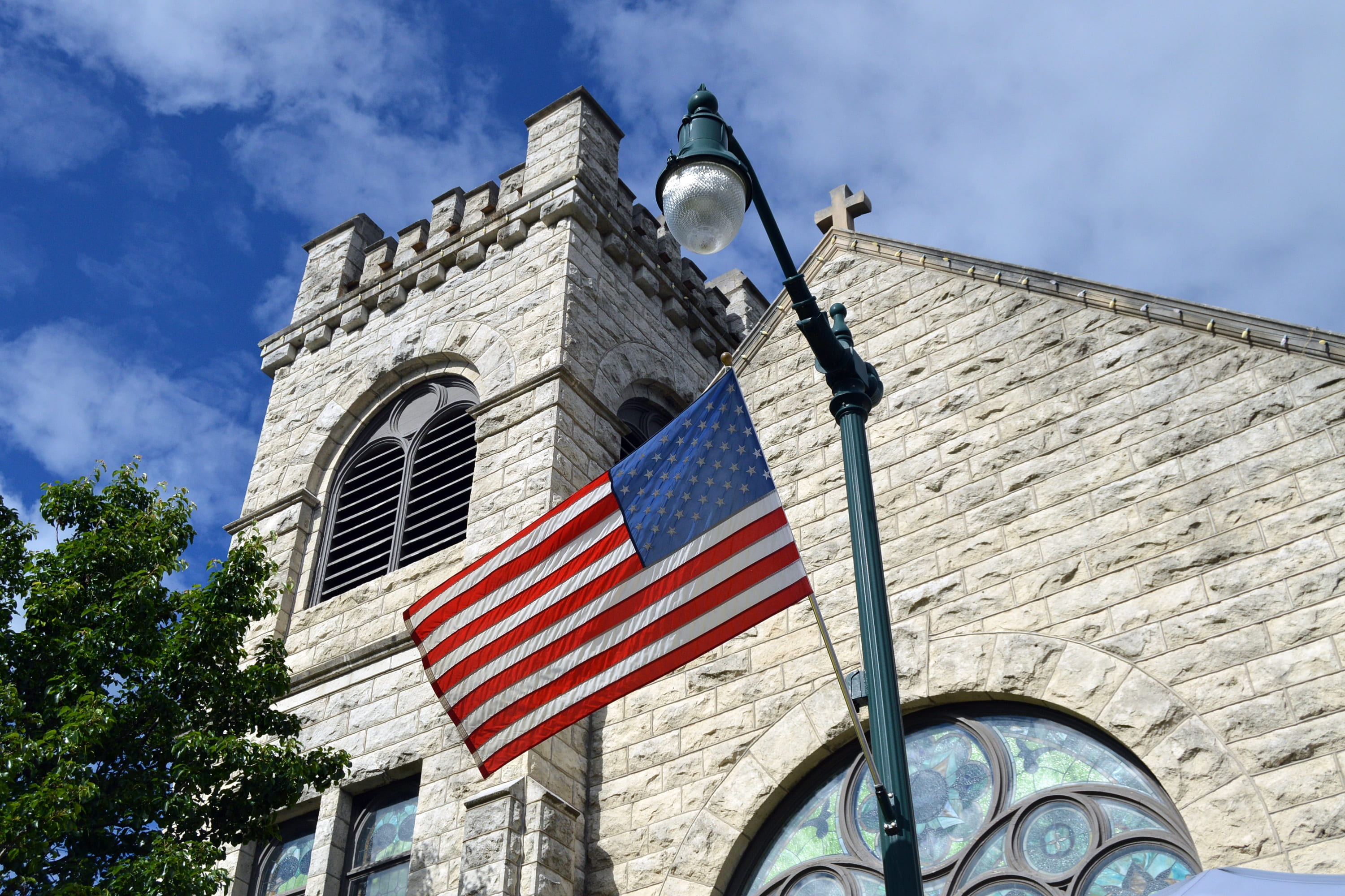 outdoors, sky, blue, cedarburg, symbol, middle america, wisconsin, independence, church, midwest, nature, july, american, low angle view, cloud - sky, patriotism, HD Wallpaper