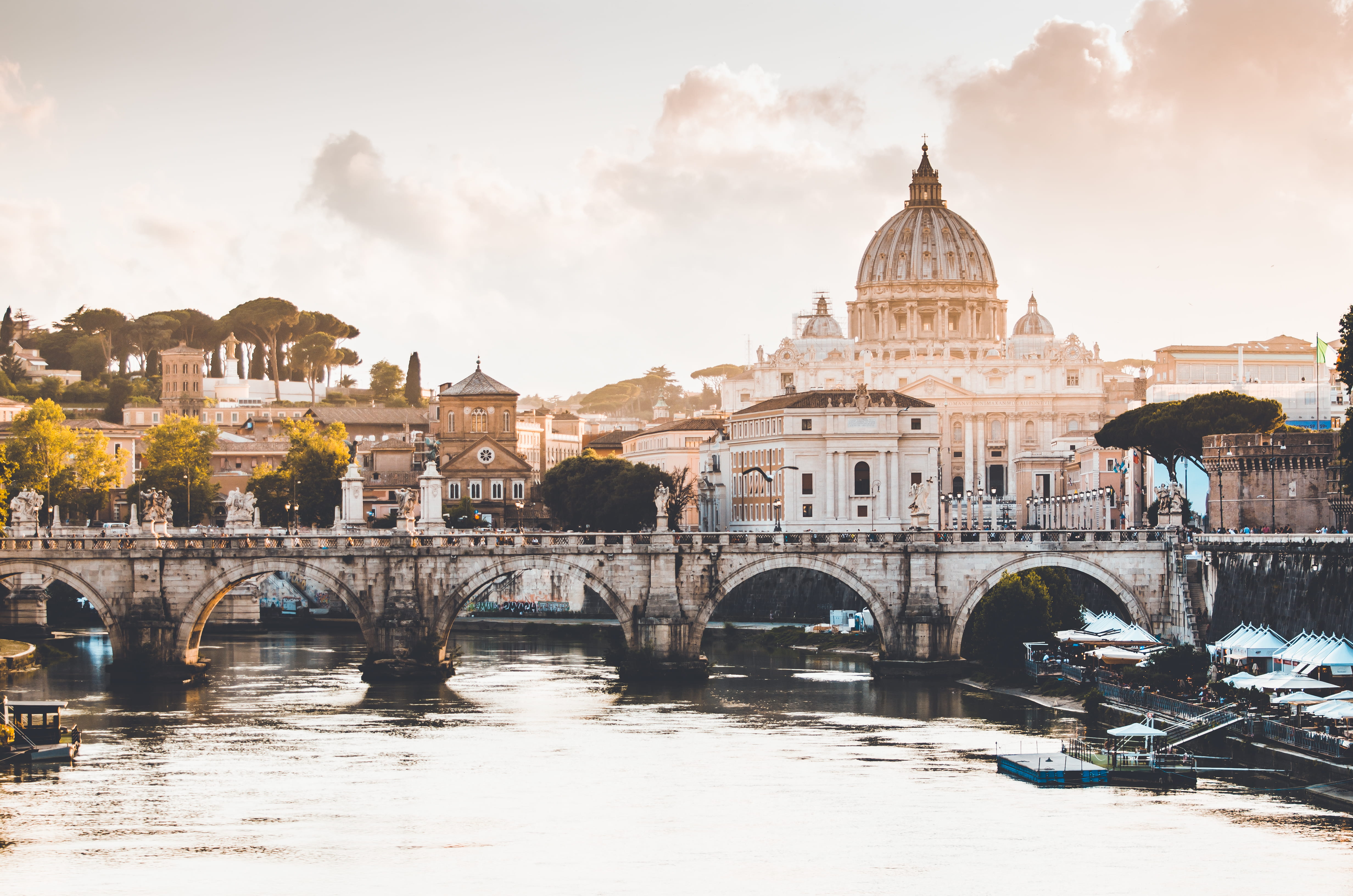 sunlight, glow, travel, tiber, building exterior, cloud - sky, body, bridge - man made structure, roman, sunrise, evening, travel destination, building, HD Wallpaper