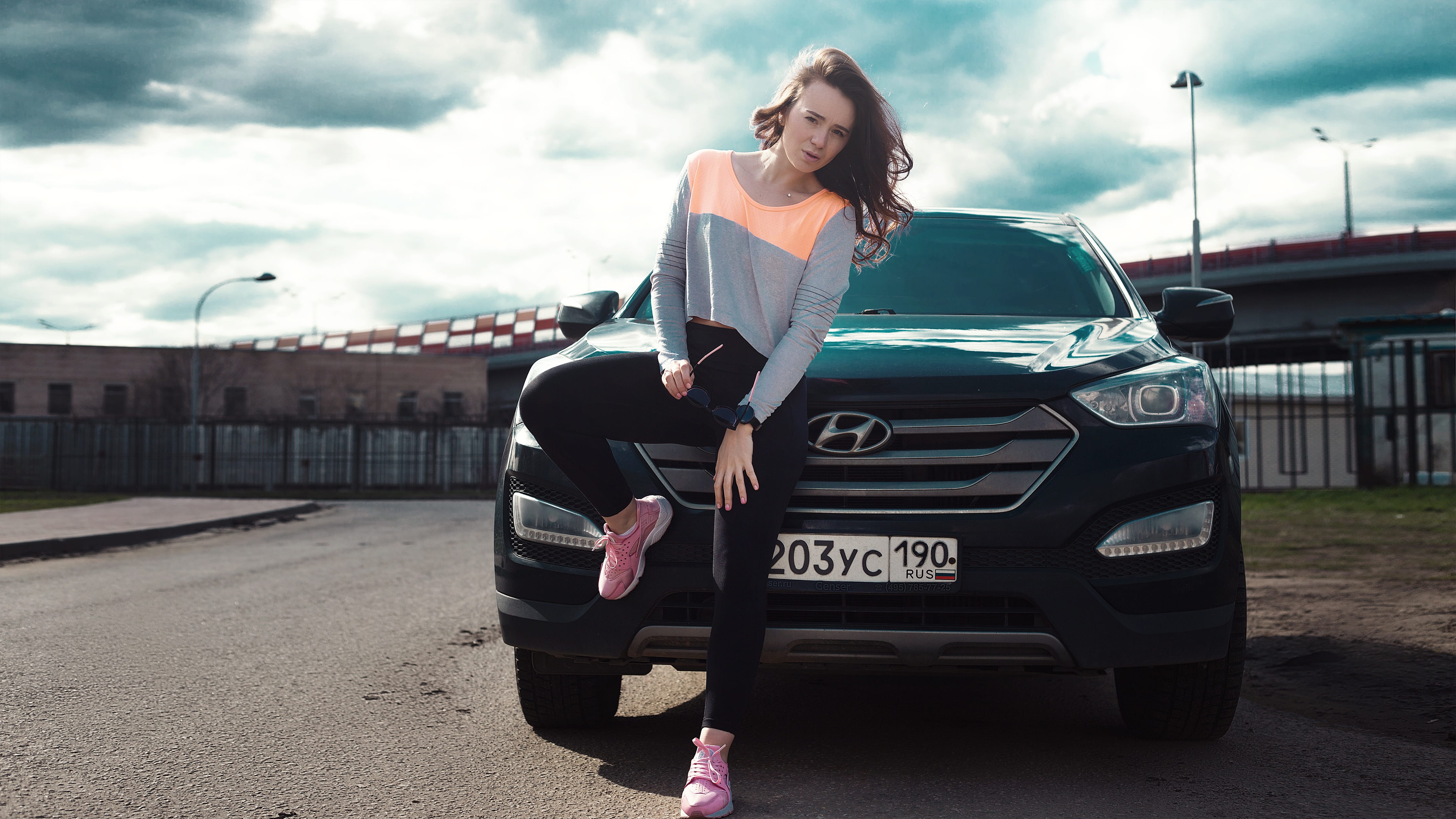 drive, shirt, women, transportation, day, SUV, sleeve, young adult, full length, bridge, people, pose, model, cloud - sky, gray, photoshoot, outdoors, front view, HD Wallpaper