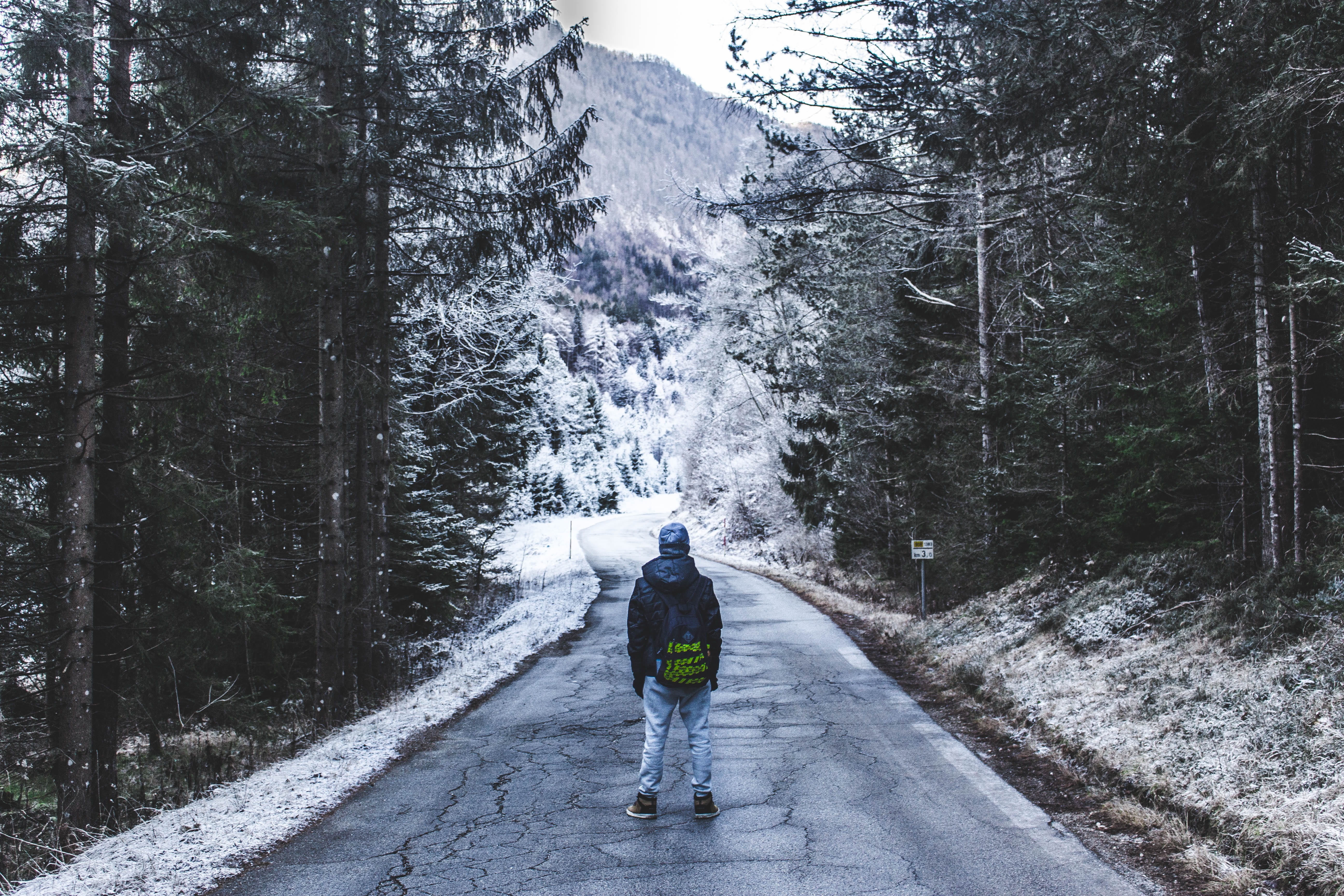 beauty in nature, motion, cold, the way forward, tall, winter, ice, man, walking, leisure activity, mountain, standing, snow, real people, road, front, HD Wallpaper