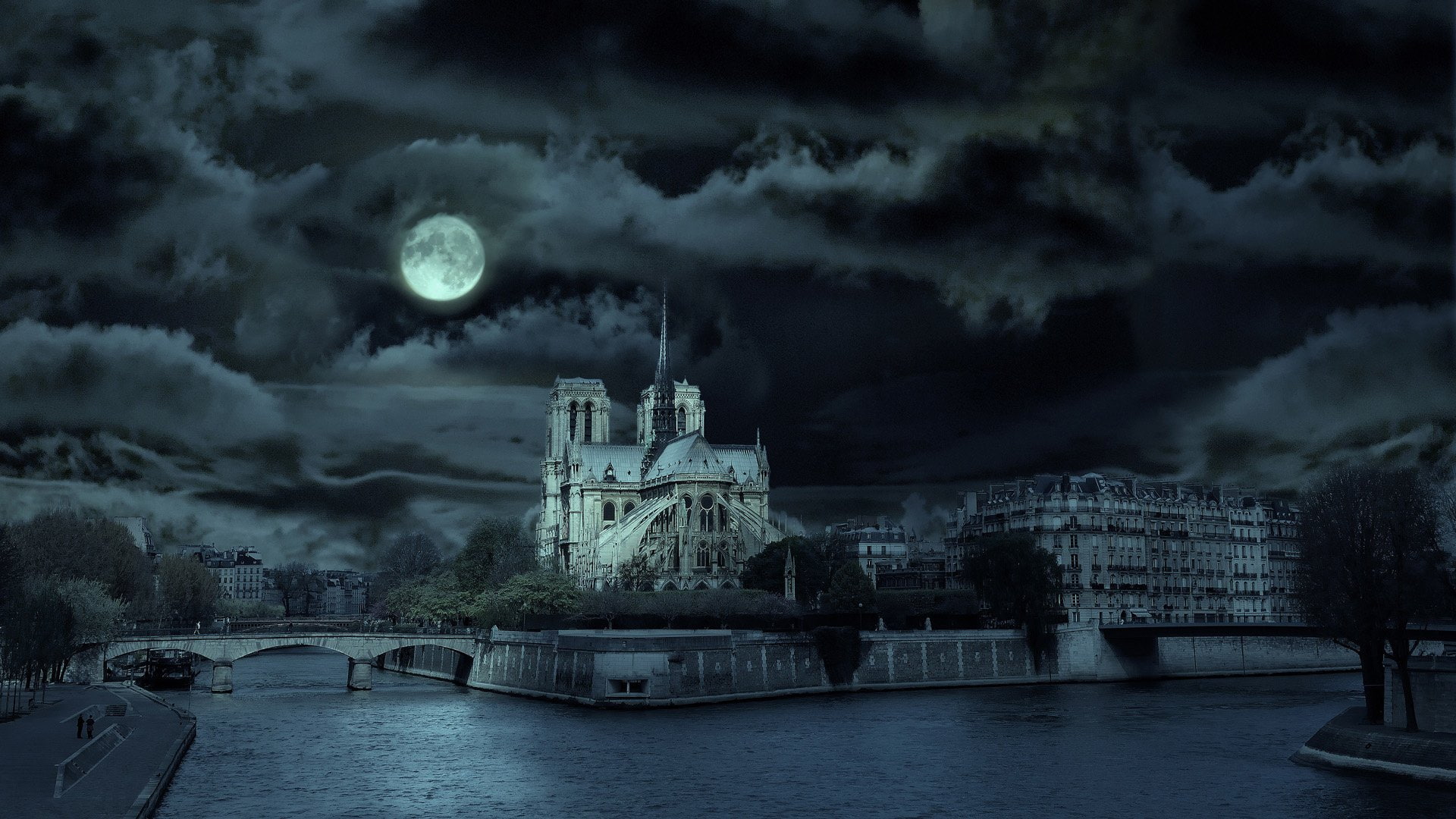 manipulation, dame, series, Cityscape, river, photo manipulation, hd, photo, x, 1920x1080 px, Notre, night, tv, Moonlight, art, entertainment, France, px, HD Wallpaper