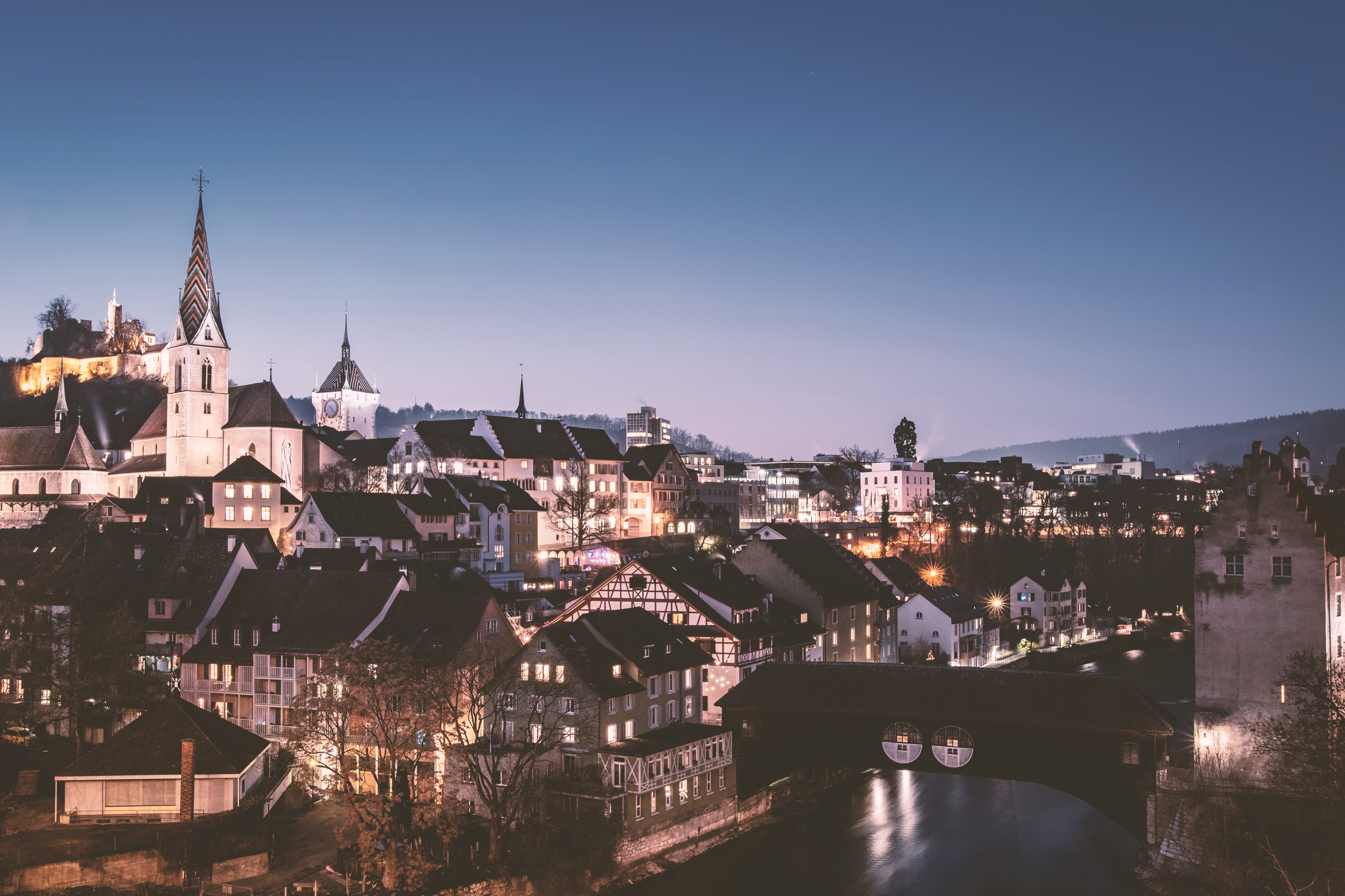 castle, high angle view, religion, river, aerial, cityscape, building exterior, building, gothic, baden, switzerland, tourism, 5K, sky, old town, historic, HD Wallpaper