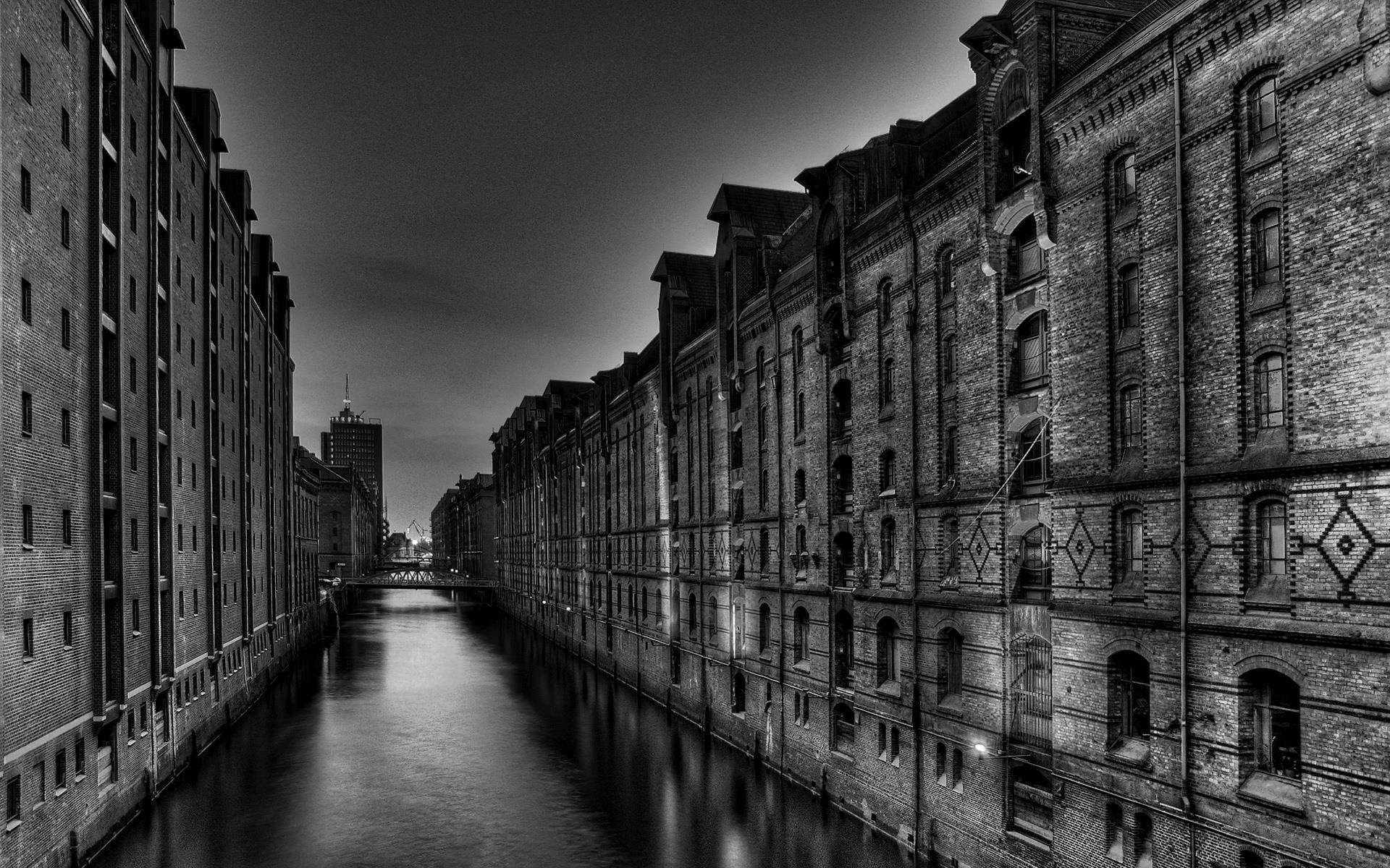 quality, rivers, lakes, cityscapes, high, 1080P, architecture, grayscale, water, monochrome, buildings, HD Wallpaper