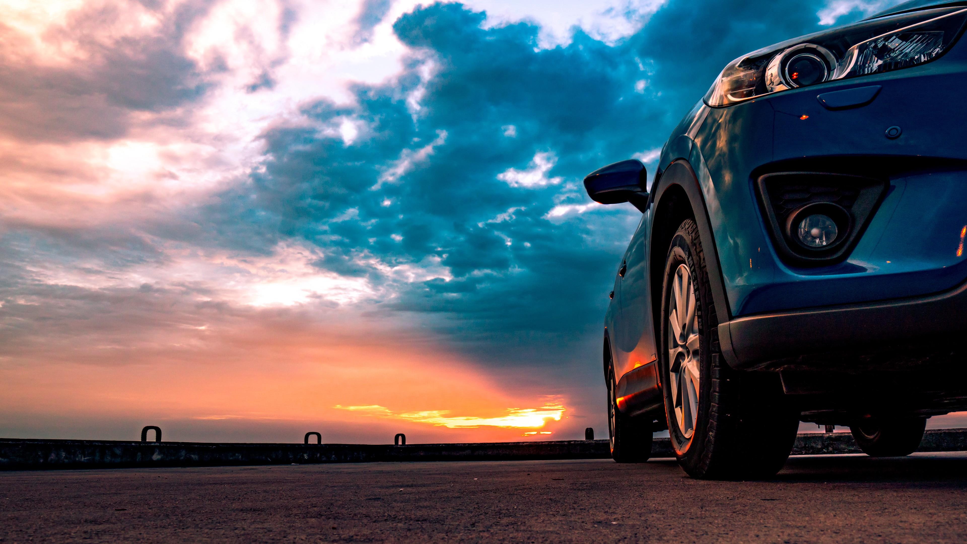 sky, cloud, suv, blue car, photography, car, sunset, sports car, landscape, vehicle, 4K, HD Wallpaper