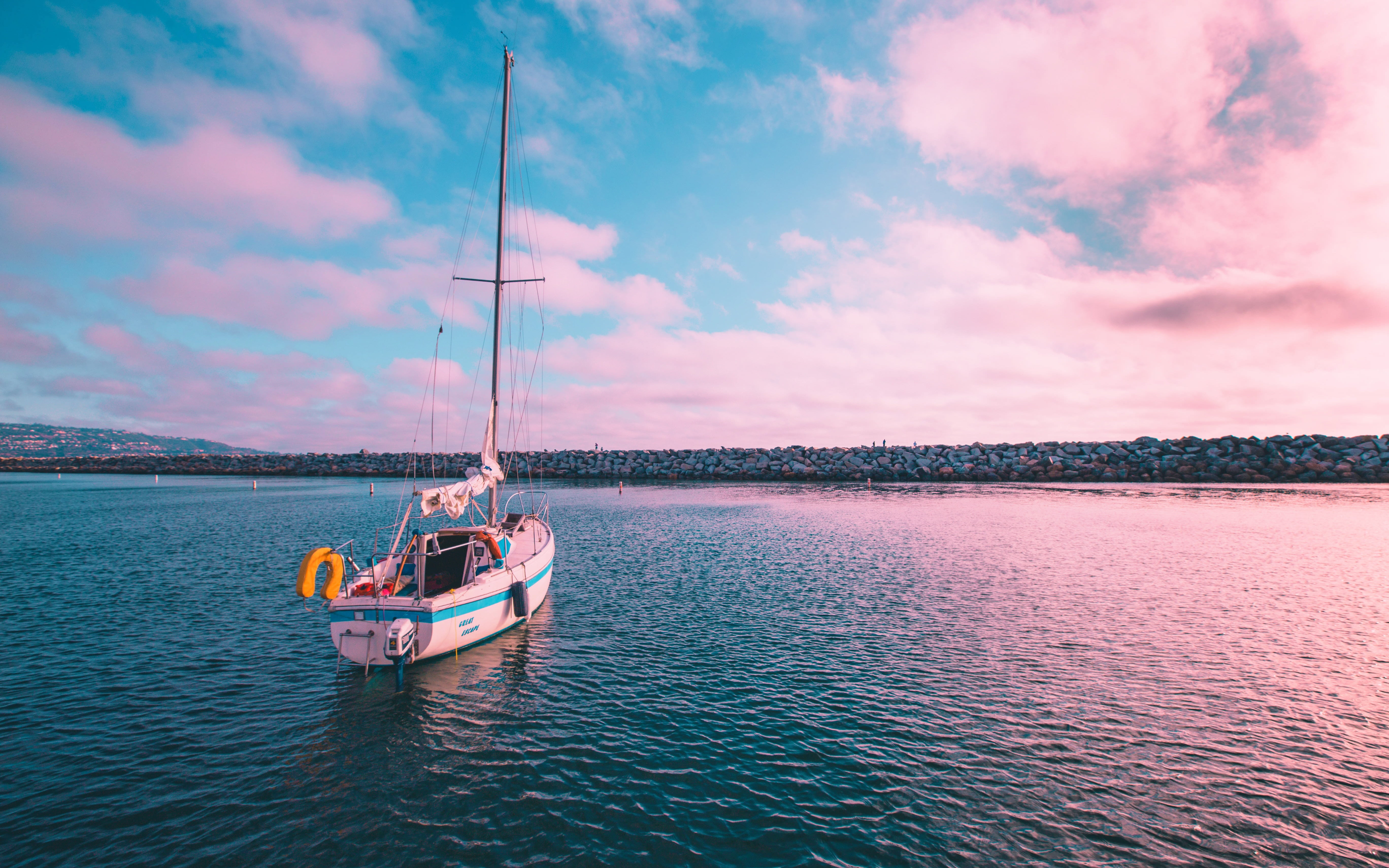 5K, nature, sea, skyline, day, white, sailing, pink, tranquil scene, cloud - sky, tranquility, sky, sunset, transportation, real people, outdoors, waterfront, HD Wallpaper
