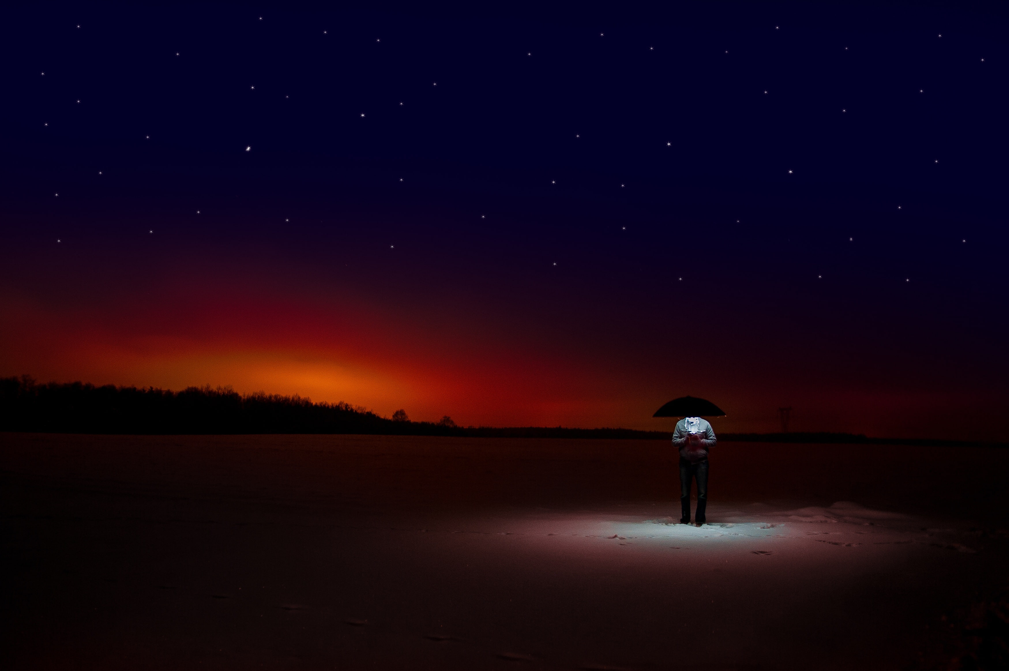 Sunset, 2K, Man, Starry sky, Umbrella, Dusk, HD Wallpaper