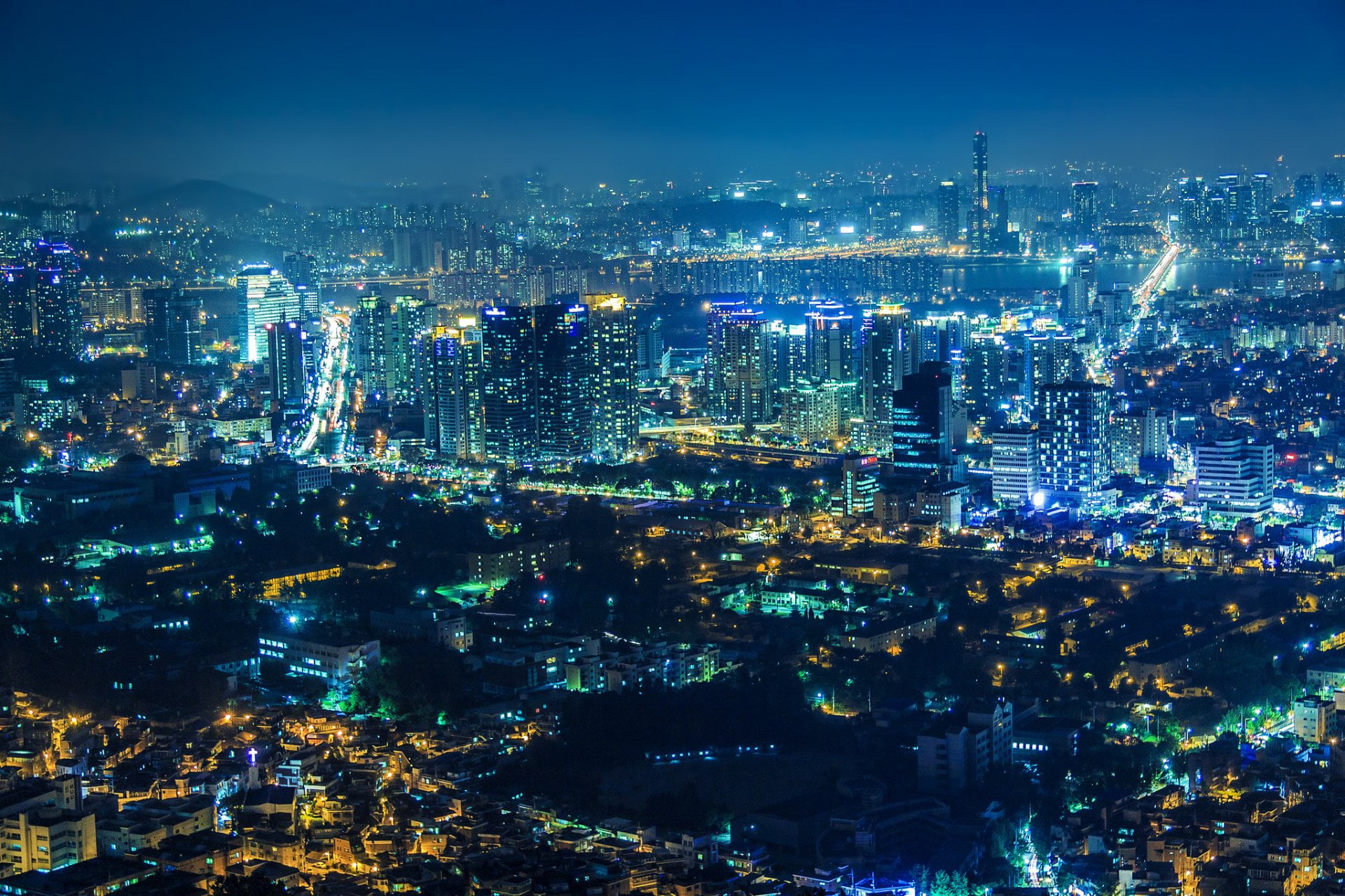 office building exterior, Light, Aerial, crowded, Building, South Korea, modern, high angle view, nightlife, crowd, residential district, City, built structure, HD Wallpaper