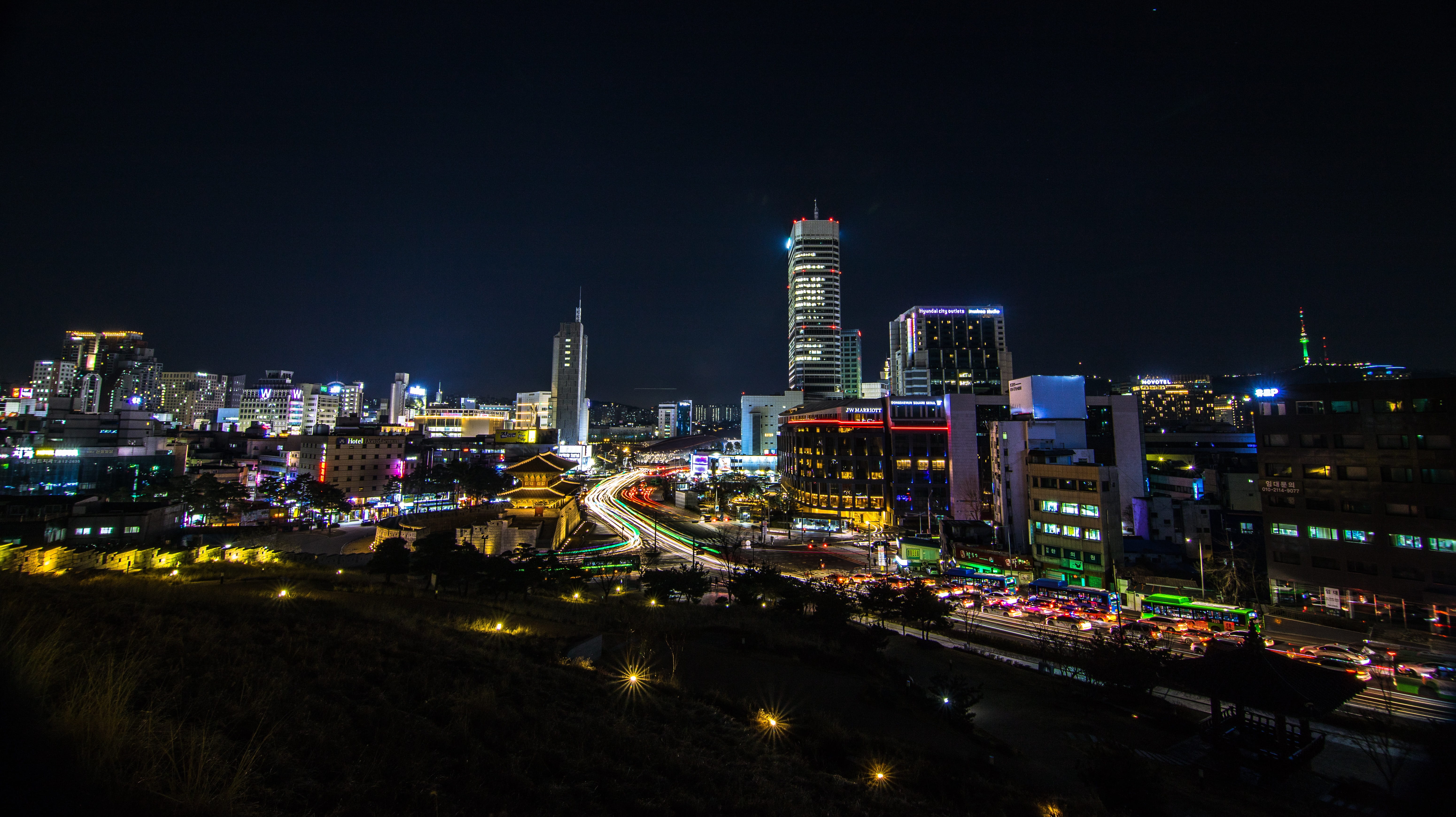 landmark, illuminated, festival, modern, seoul, building, light, building exterior, travel destinations, asia, development, night, metropolis, skyscraper, HD Wallpaper