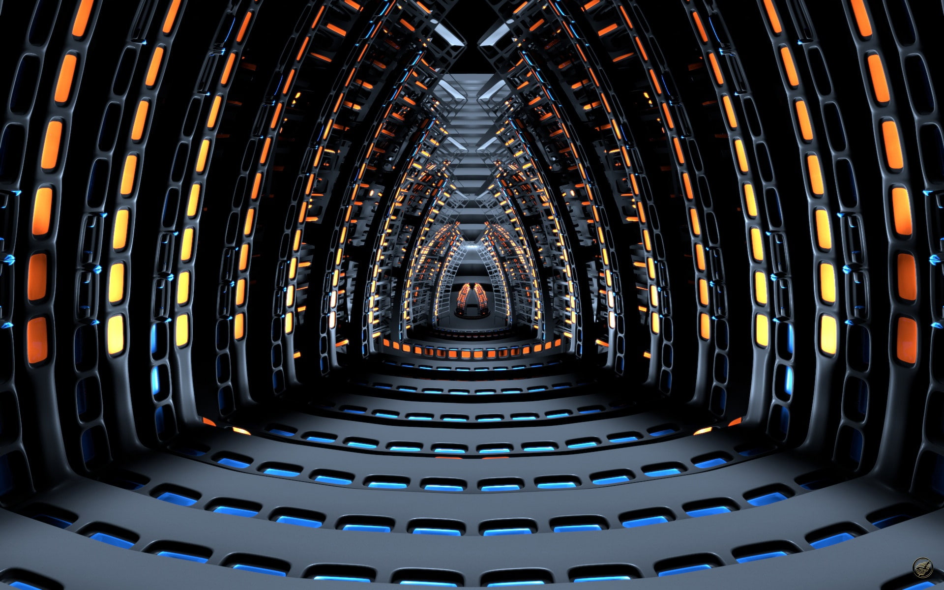 abstract, 3d, black, 1080P, orange, d, hd, tunnel, HD Wallpaper