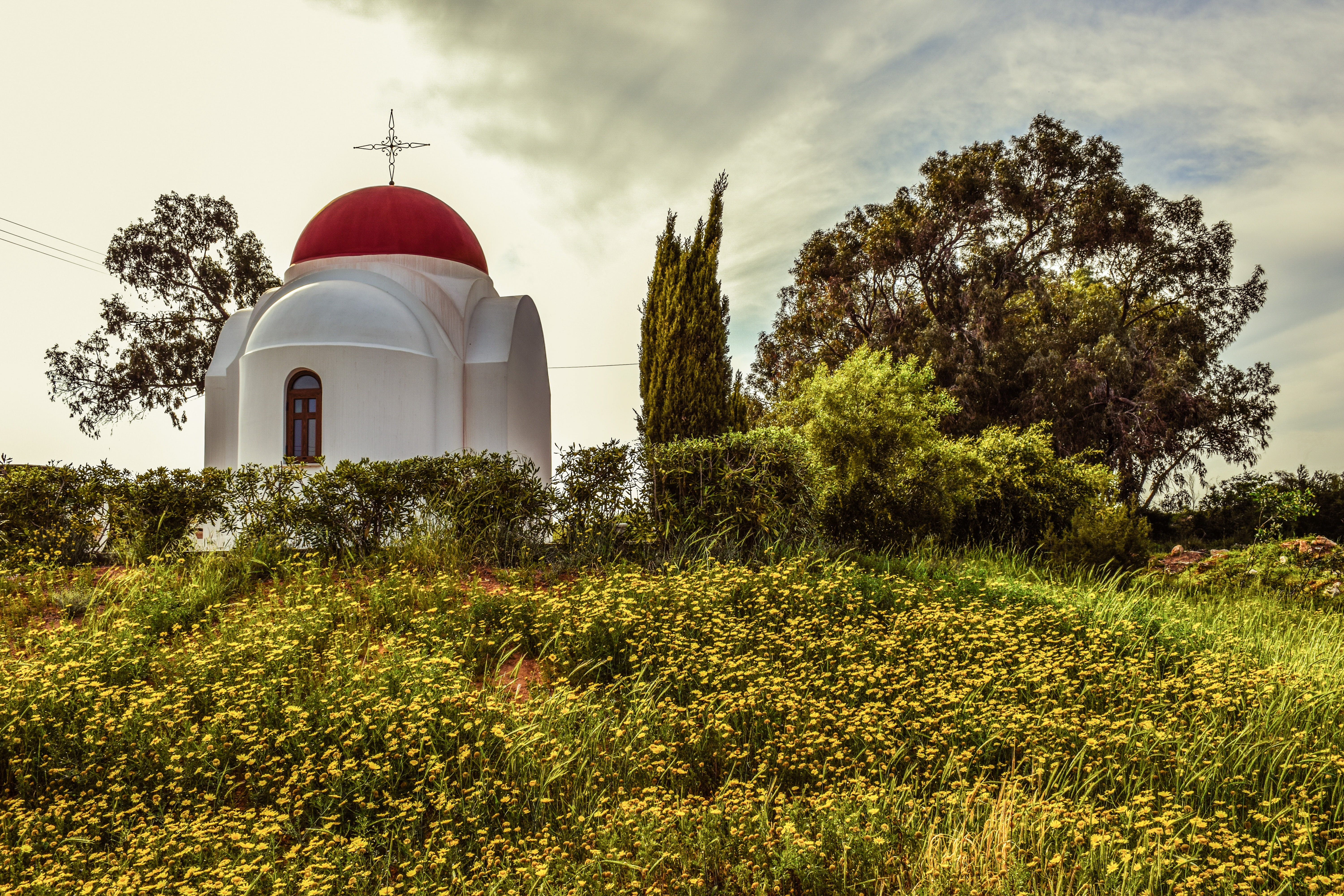 cyprus, spring, building, growth, place of worship, built structure, landscape, spirituality, tree, day, countryside, building exterior, outdoors, nature, HD Wallpaper