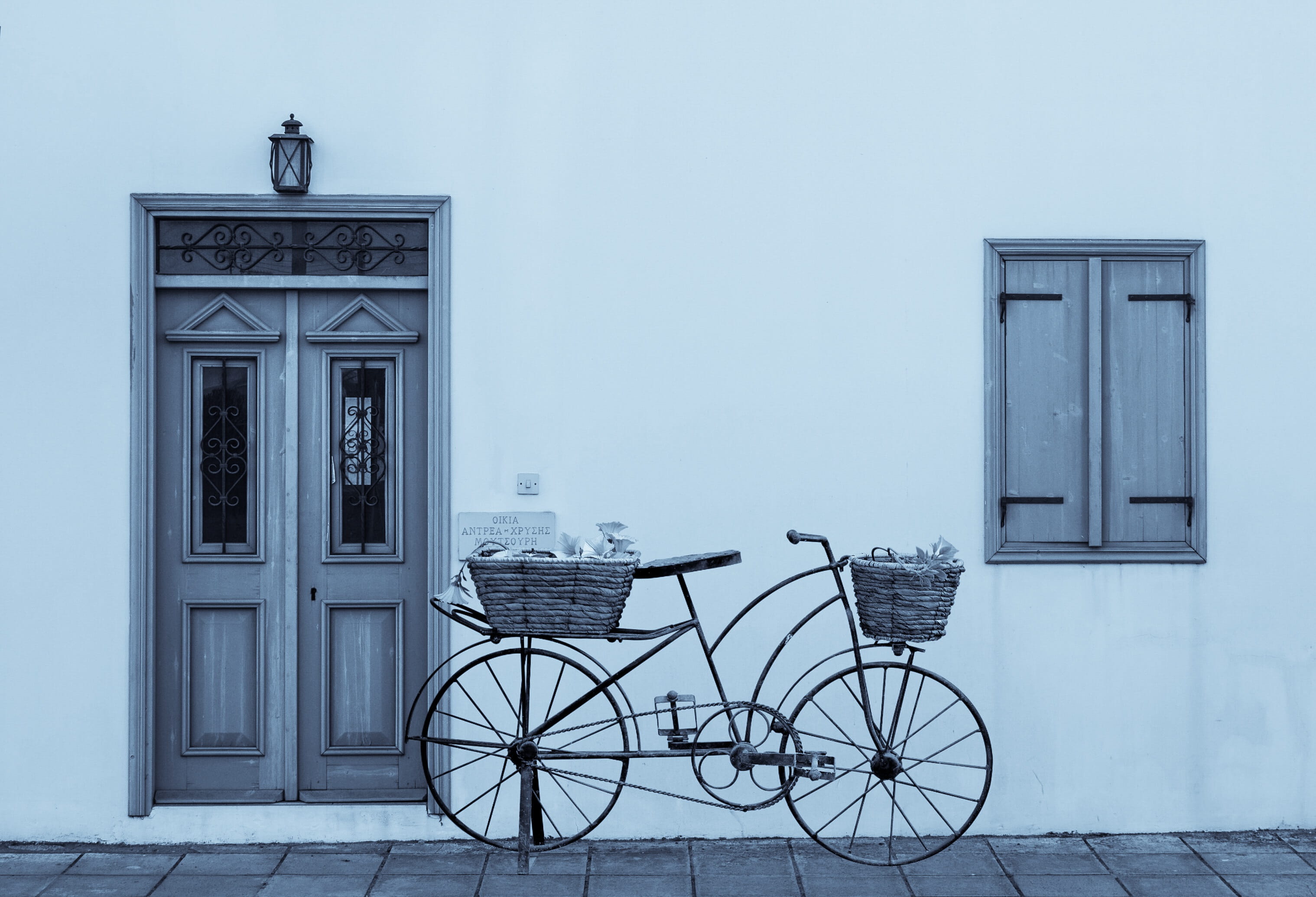 window, cyprus, residential district, snowing, wheels, built structure, closed, blue, bike ornament, architecture, day, outdoors, bicycle with baskets, HD Wallpaper