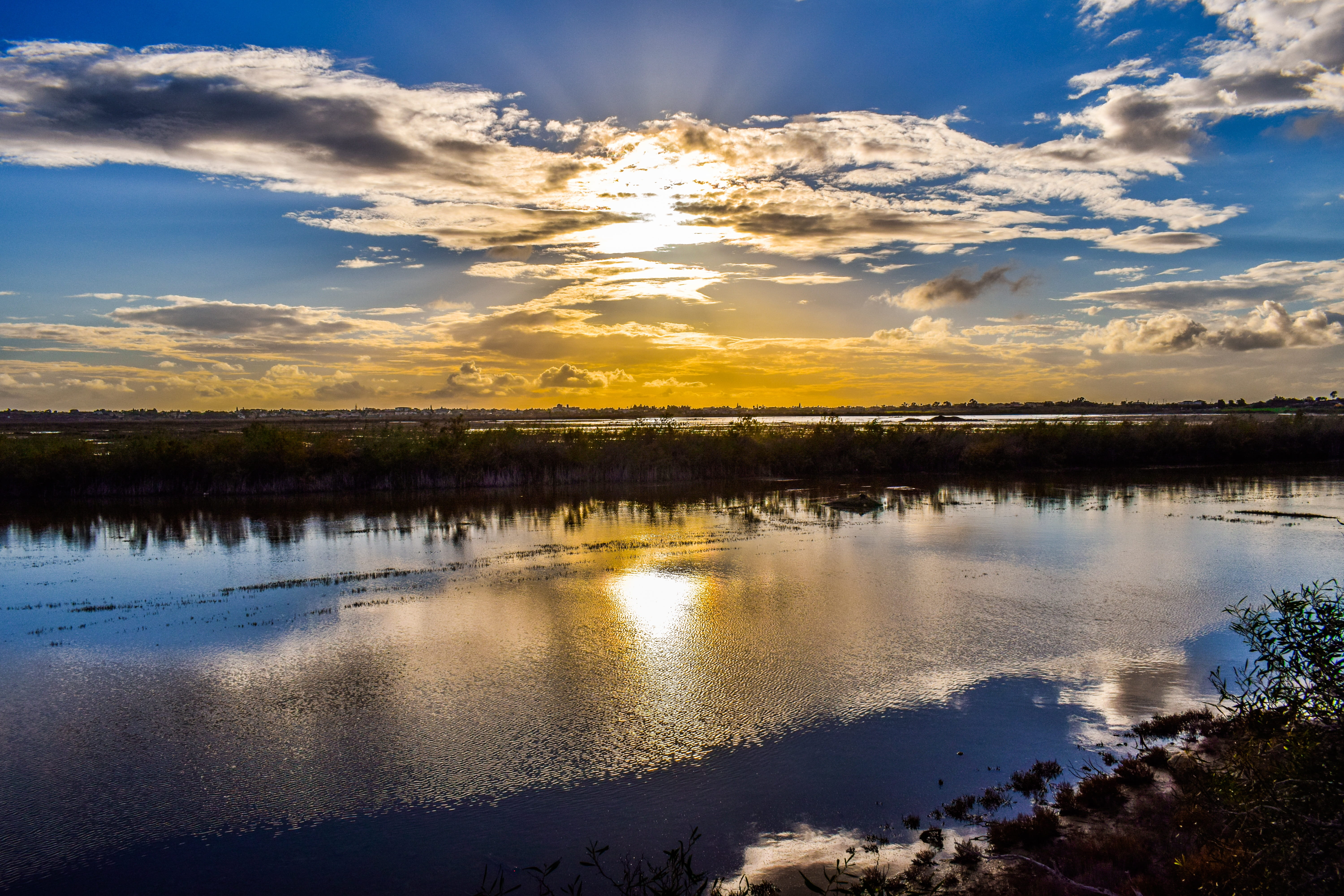 lake, evening, clouds, tranquil scene, lagoon, reflection lake, water, cyprus, idyllic, cloud - sky, scenery, beauty in nature, reflection, outdoors, non-urban scene, HD Wallpaper
