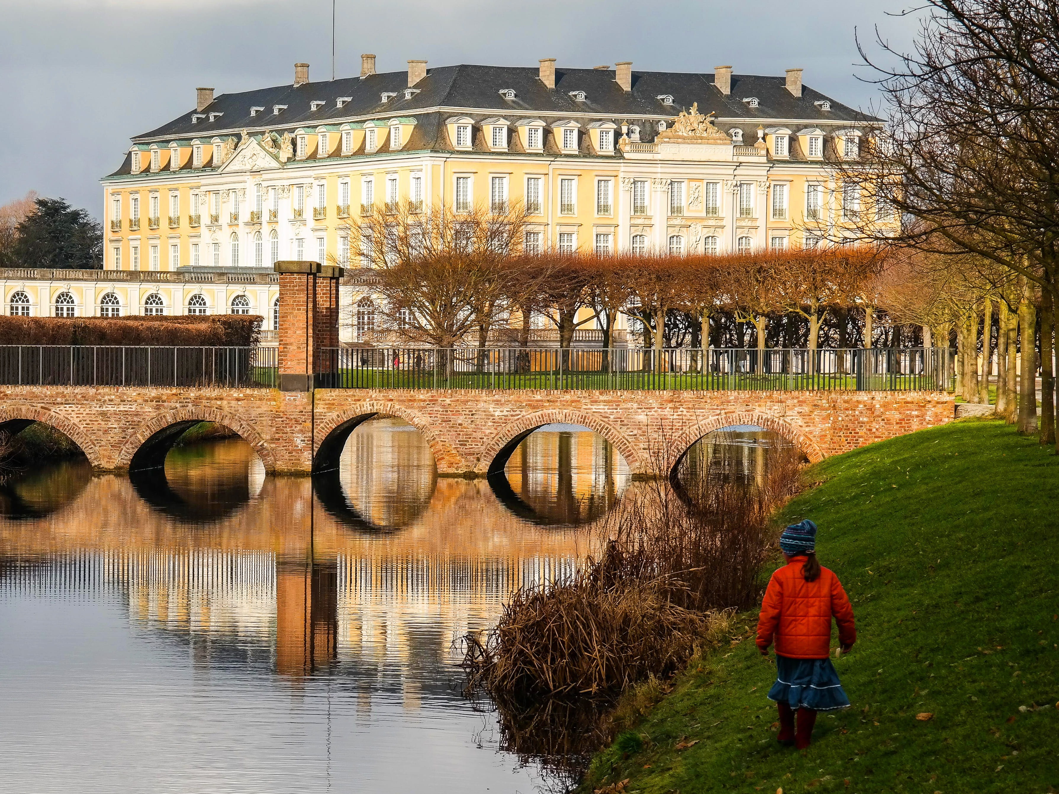 old, building, standing, building exterior, brühler closed, tourism, historically, 2K, architecture, yellow, canal, bridge, nature, girl, rococo, water, HD Wallpaper