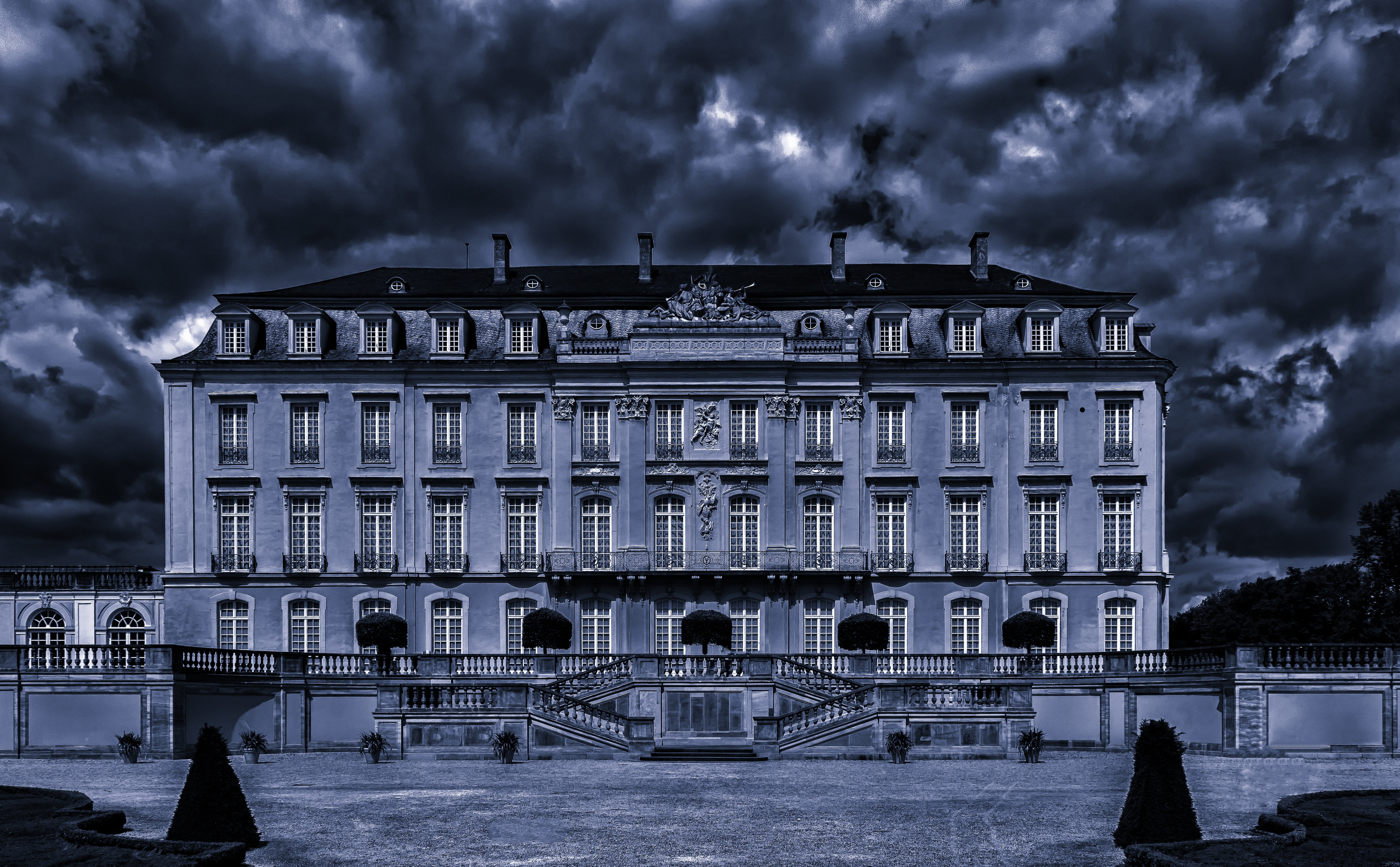 castle, brühl, dramatic, noble, 5K, midnight, building, building exterior, facade, impressive, sky, storm cloud, architecture, rise, symmetry, rococo, HD Wallpaper