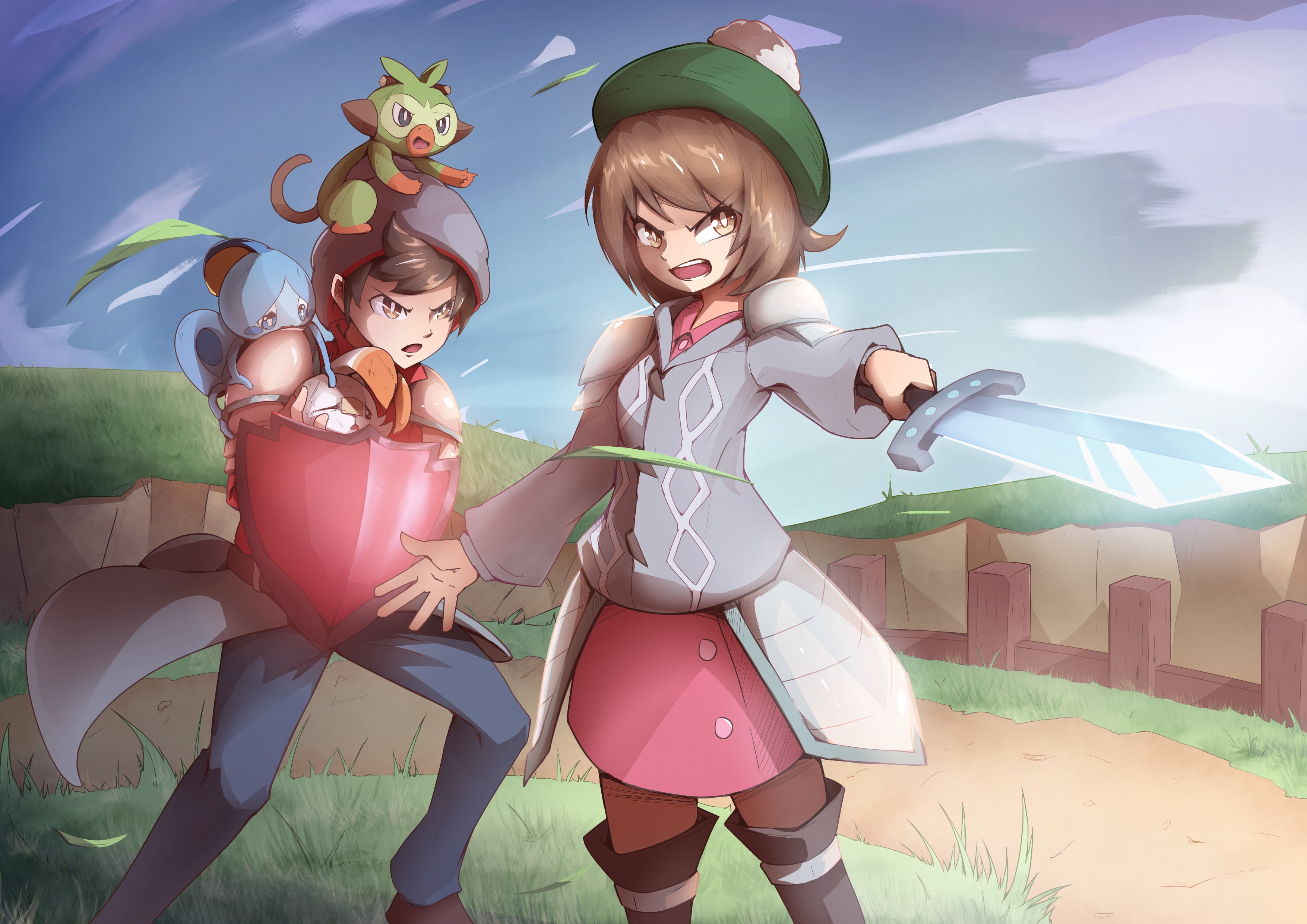 Grookey (Pokémon), Sobble (Pokémon), Scorbunny (Pokémon), Victor (Pokémon), Gloria (Pokémon), Pokémon, Pokémon: Sword and Shield, 2K, HD Wallpaper