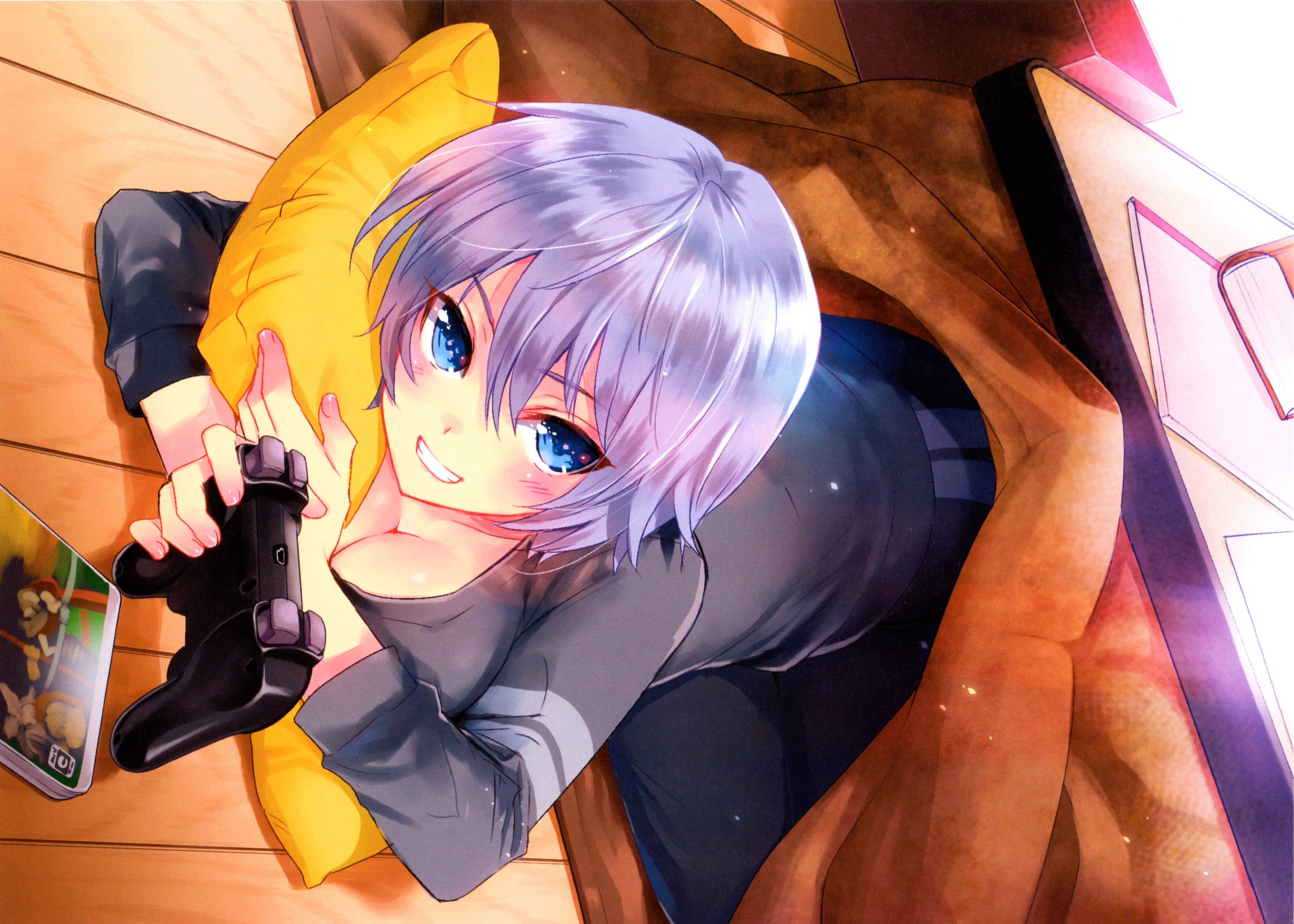 art, smile, blue eyes, joystick, kotatsu, pillow, on the floor, 5K, girl, kusakabe akira, HD Wallpaper