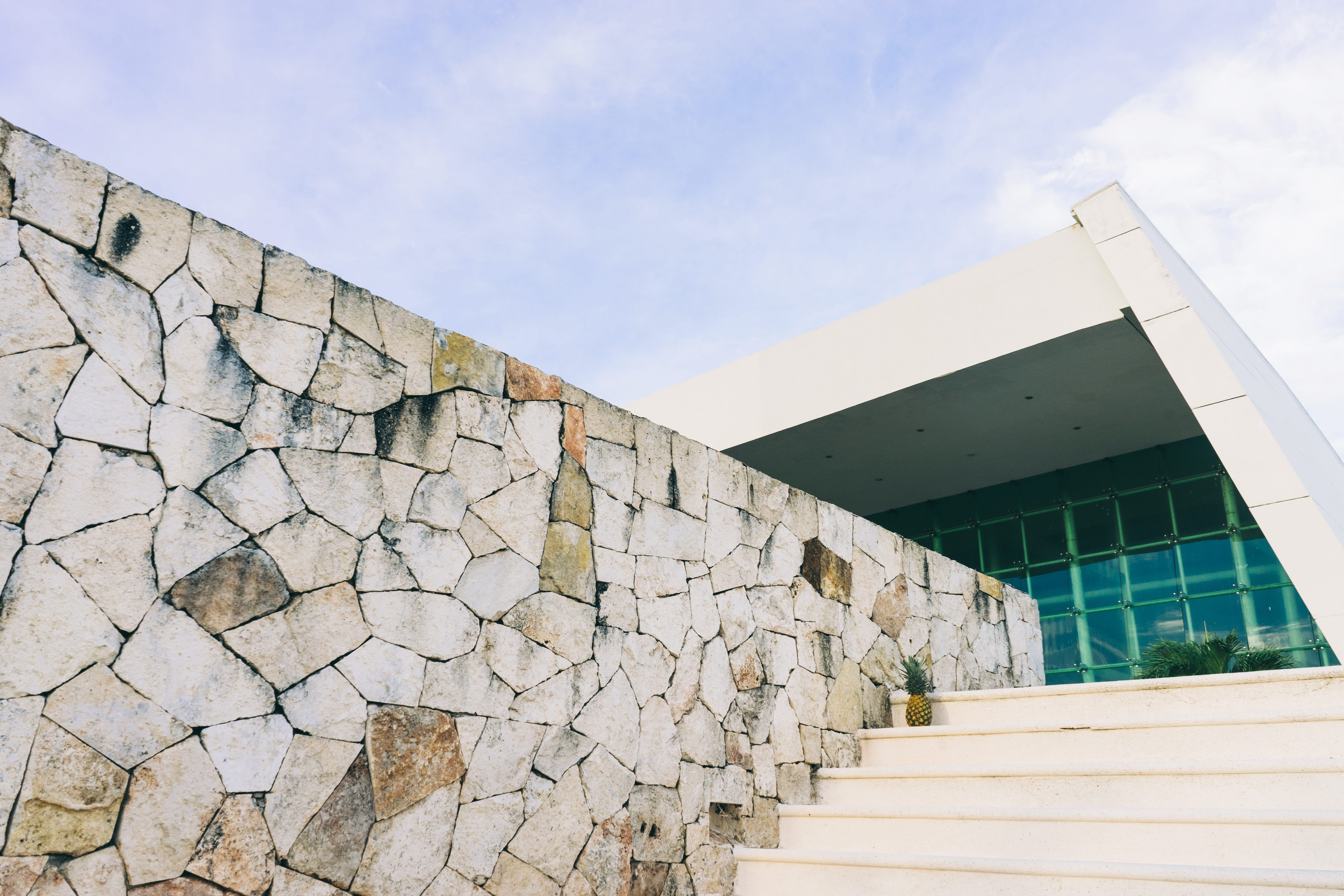 glass, city, built structure, building exterior, mexico, resort, architecture, stone, day, stairs, nature, no people, wall, handrail, grand sirenis riviera maya resort, HD Wallpaper