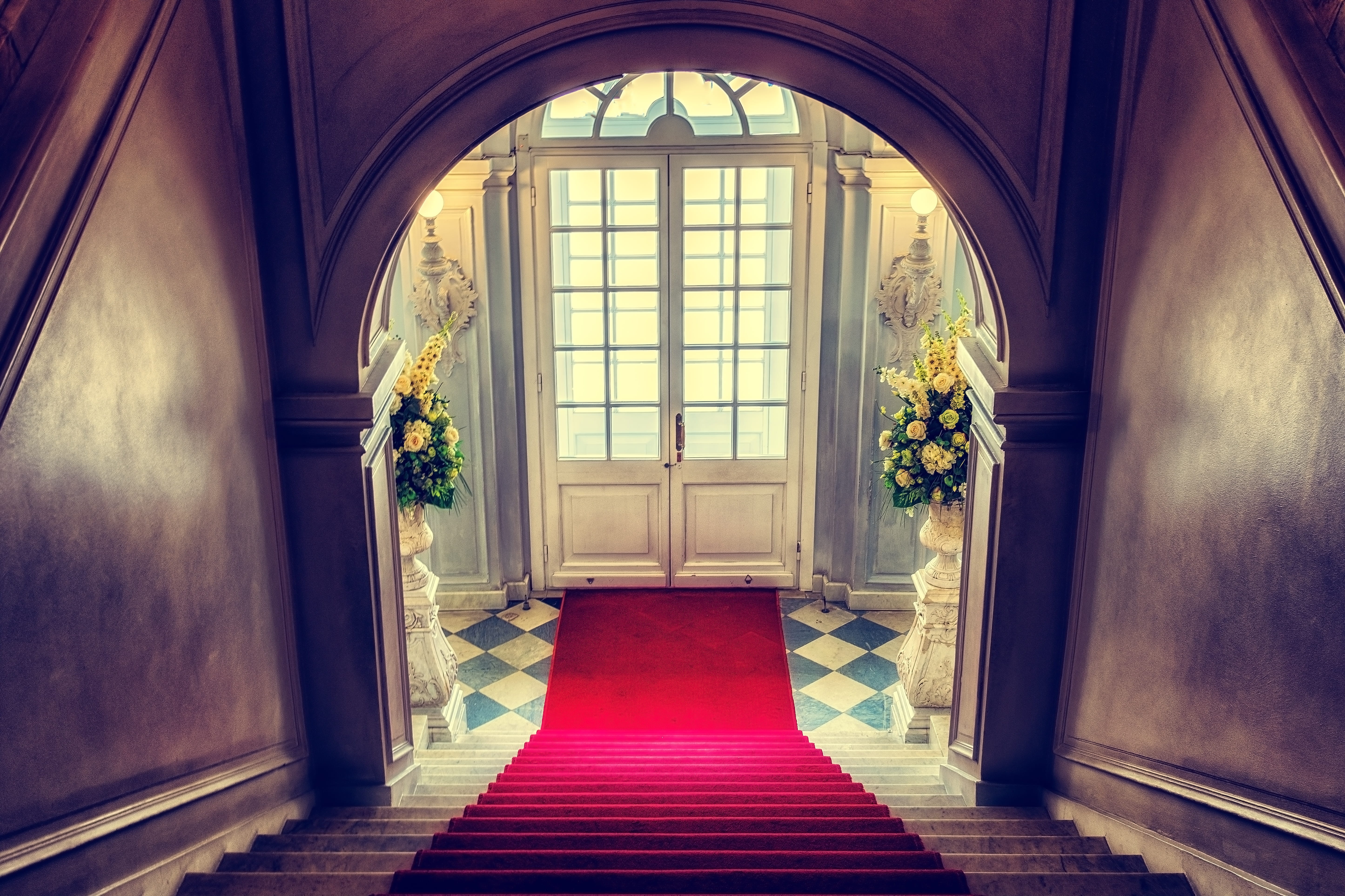 stairs, direction, input, the way forward, the entrance foyer, window, red carpet, down, day, architecture, raised, upward, nature, 5K, up, built structure, HD Wallpaper