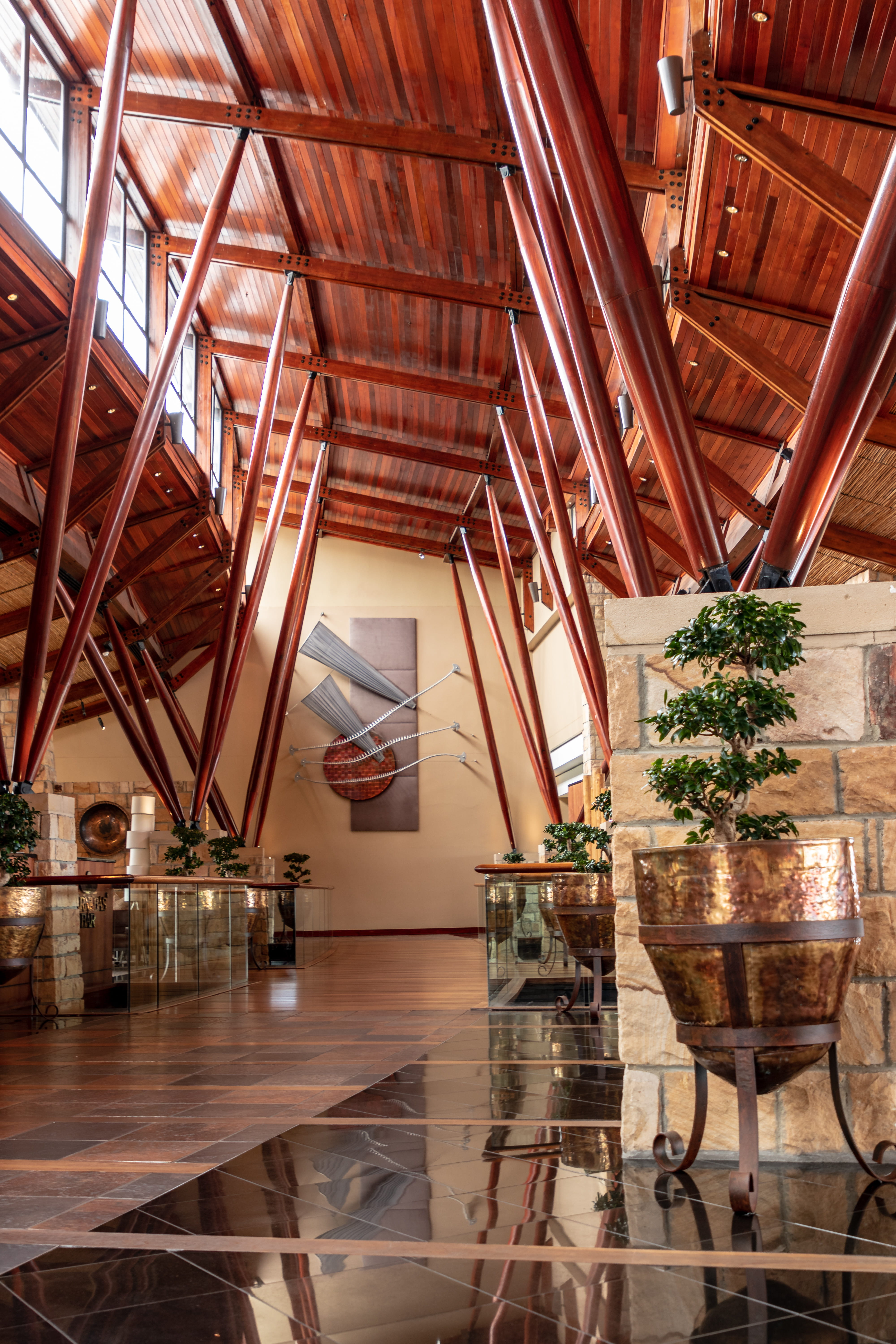 modern, floor, art, african pride arabella hotel and spa, no people, stone, 5K, copper, reflections, absence, wooden supports, wood - material, potted plant, Phone HD Wallpaper