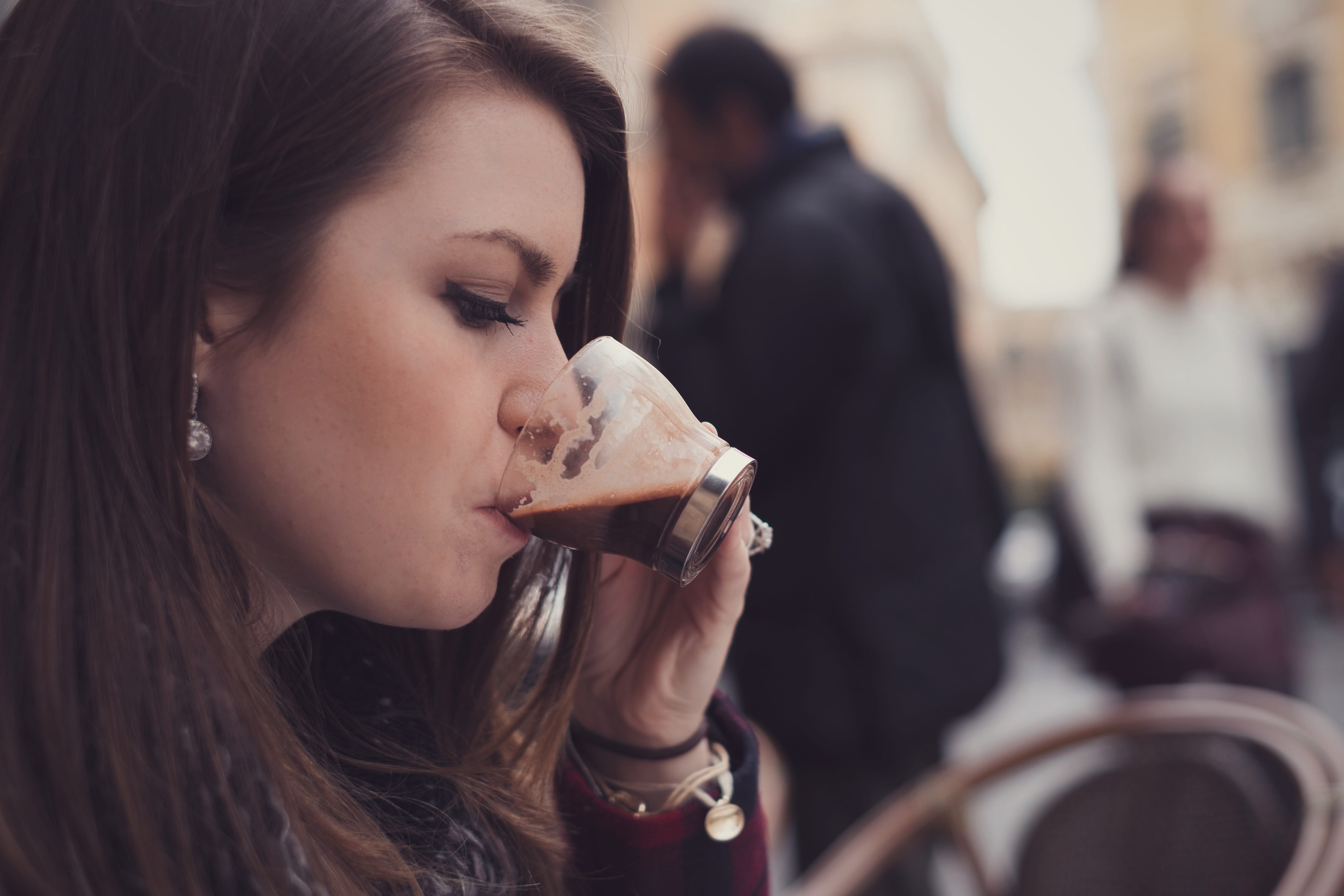 drink, 4K, drinking, young Women, beautiful woman, headshot, Woman, restaurant, women, food and drink, food/Drink, city, urban Scene, portrait, lifestyles, HD Wallpaper