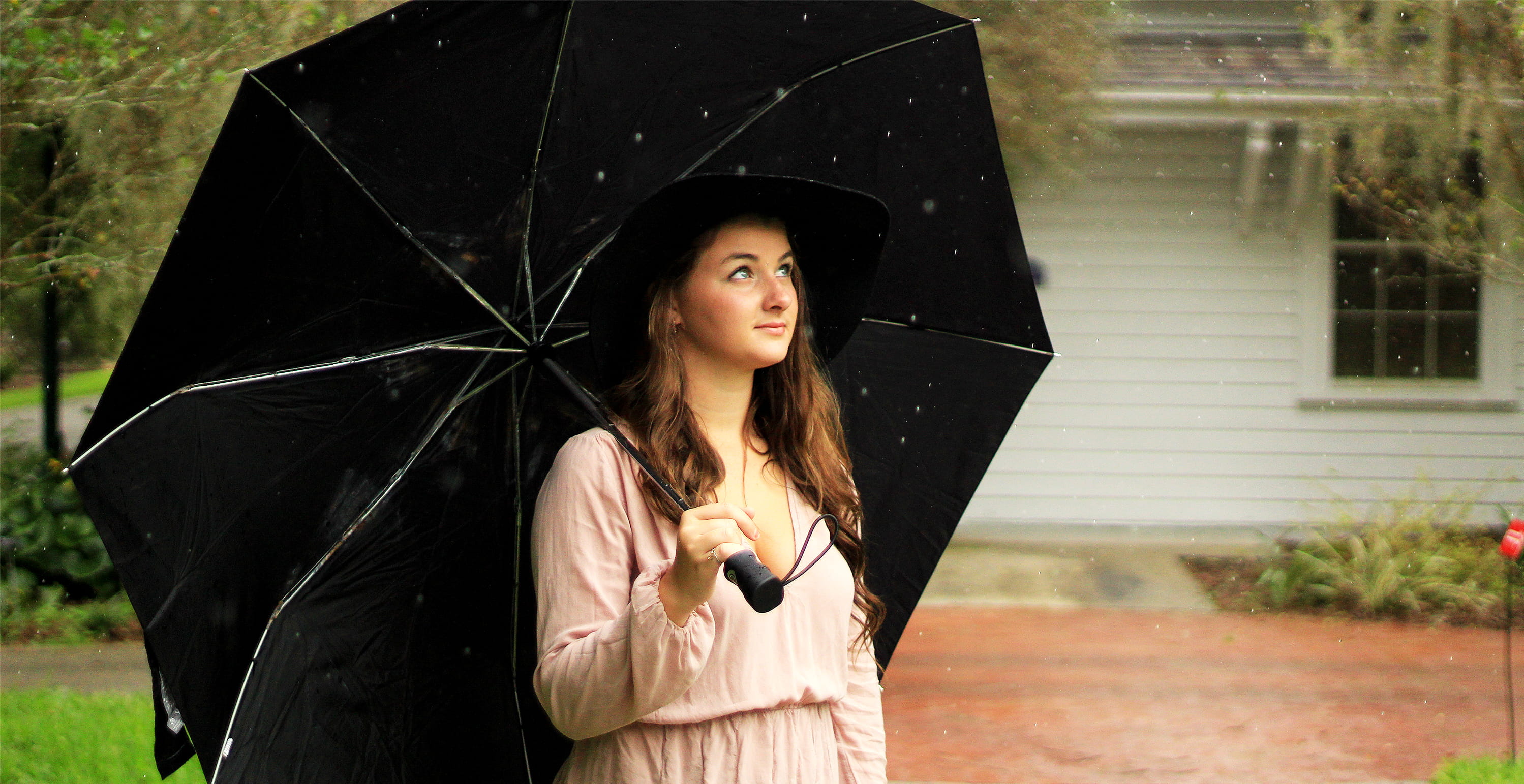 hair, shed, real people, woman, looking, orlando, wet, outdoors, hat, waist up, protection, hairstyle, women, plants, 2K, trees, portrait, umbrella, clothing, HD Wallpaper