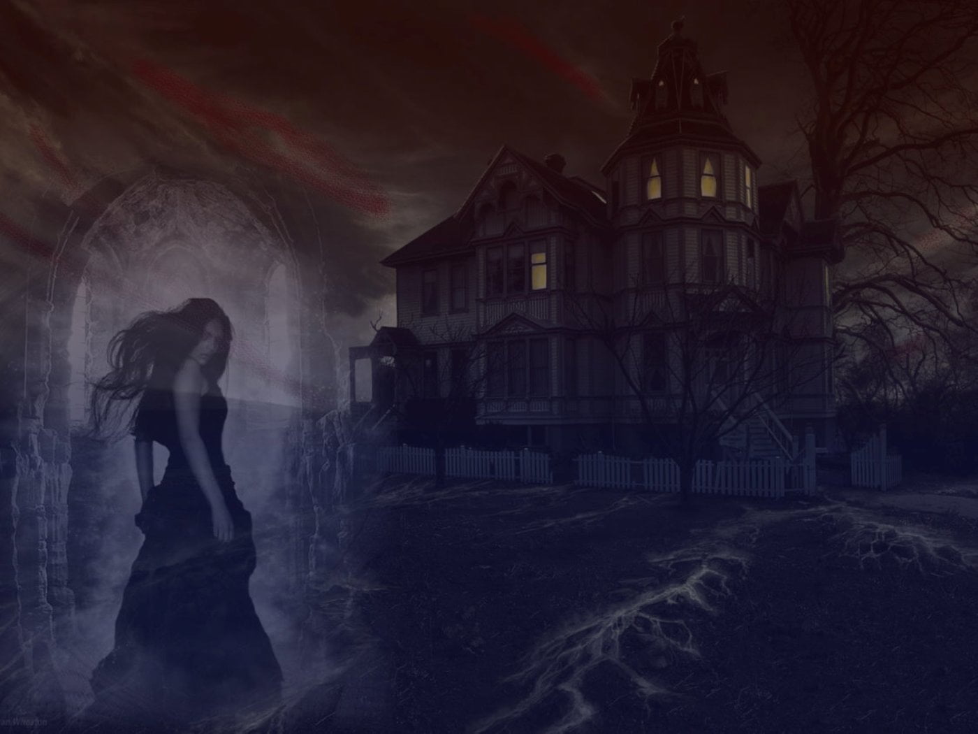 ghost, built structure, night, 720P, architecture, emotion, building, women, depression - sadness, mansion, Haunted, nature, adult, fear, gothic style, HD Wallpaper