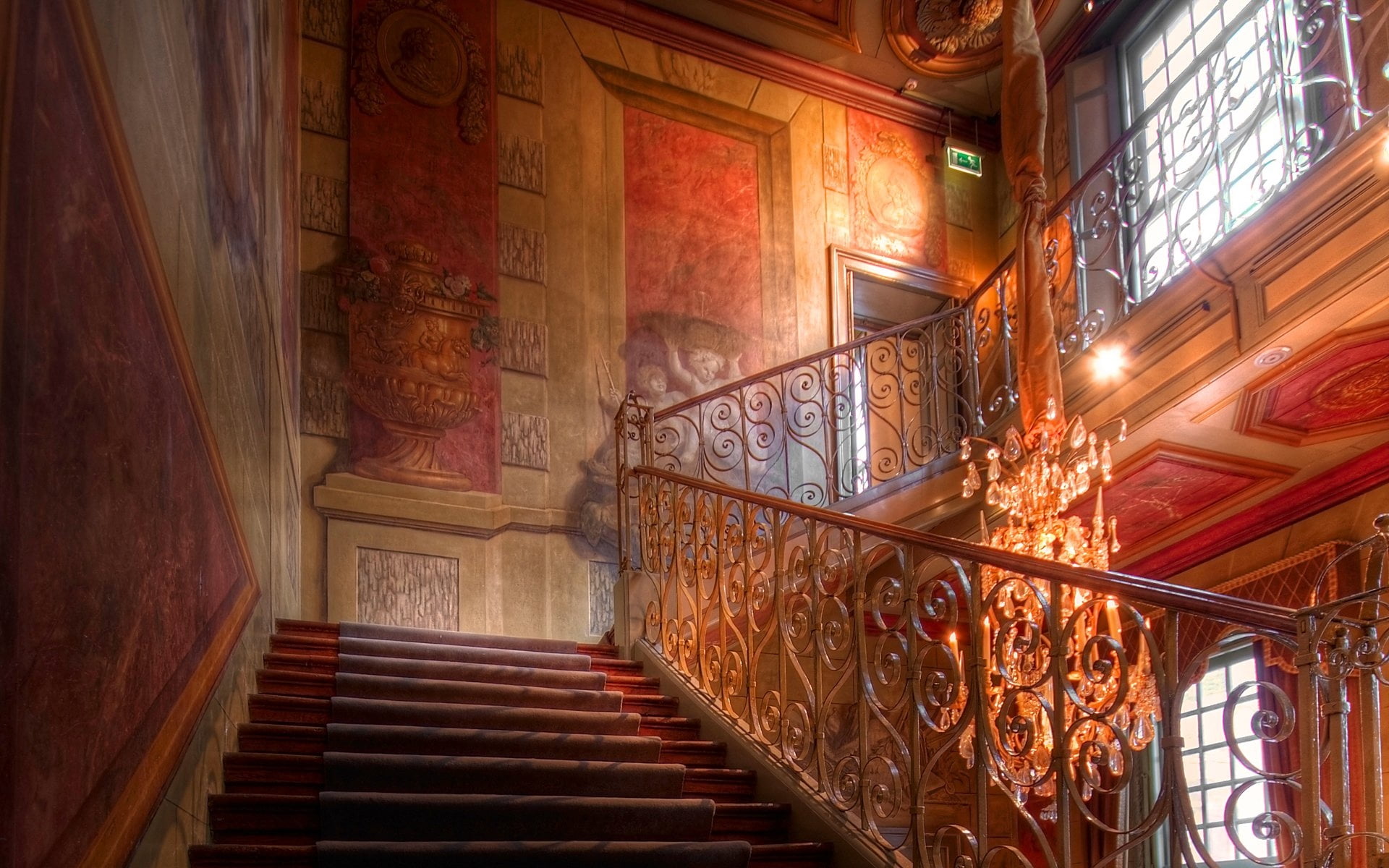 decoration, absence, bannister, window, architecture, beautiful, home Interior, illuminated, history, built Structure, low angle view, decor, brown, lighting equipment, HD Wallpaper