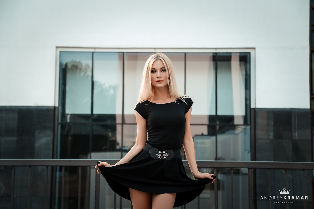 belt, 720P, looking at viewer, women, black clothing, long hair, straight hair, holding clothes, Andrey Kramar, blonde, dress, HD Wallpaper