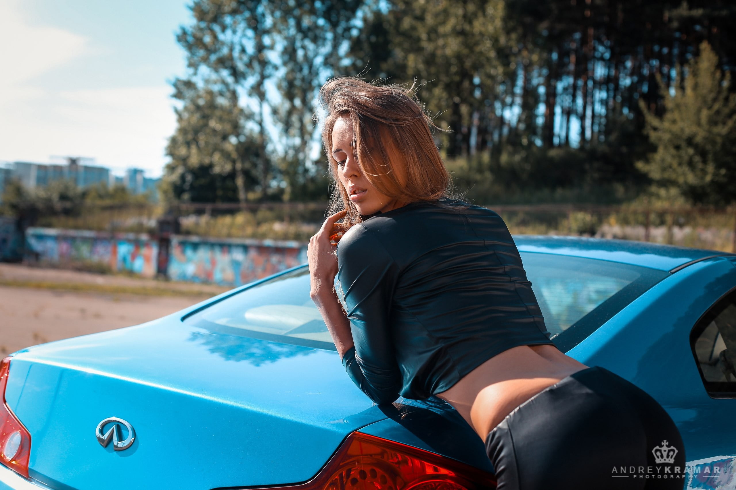 lips, model, girl, face, Anna-Maria Eglit, car, leather leggings, long hair, photo, juicy lips, jacket, hips, 2K, leather pants, pants, Andrey Kramar, HD Wallpaper