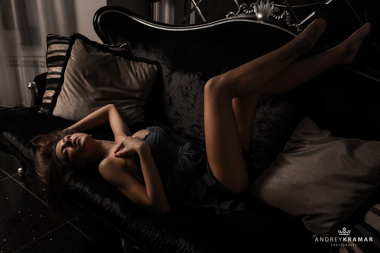 720P, couch, brunette, messy hair, dress, black clothing, painted nails, legs, pillow, Andrey Kramar, women, HD Wallpaper
