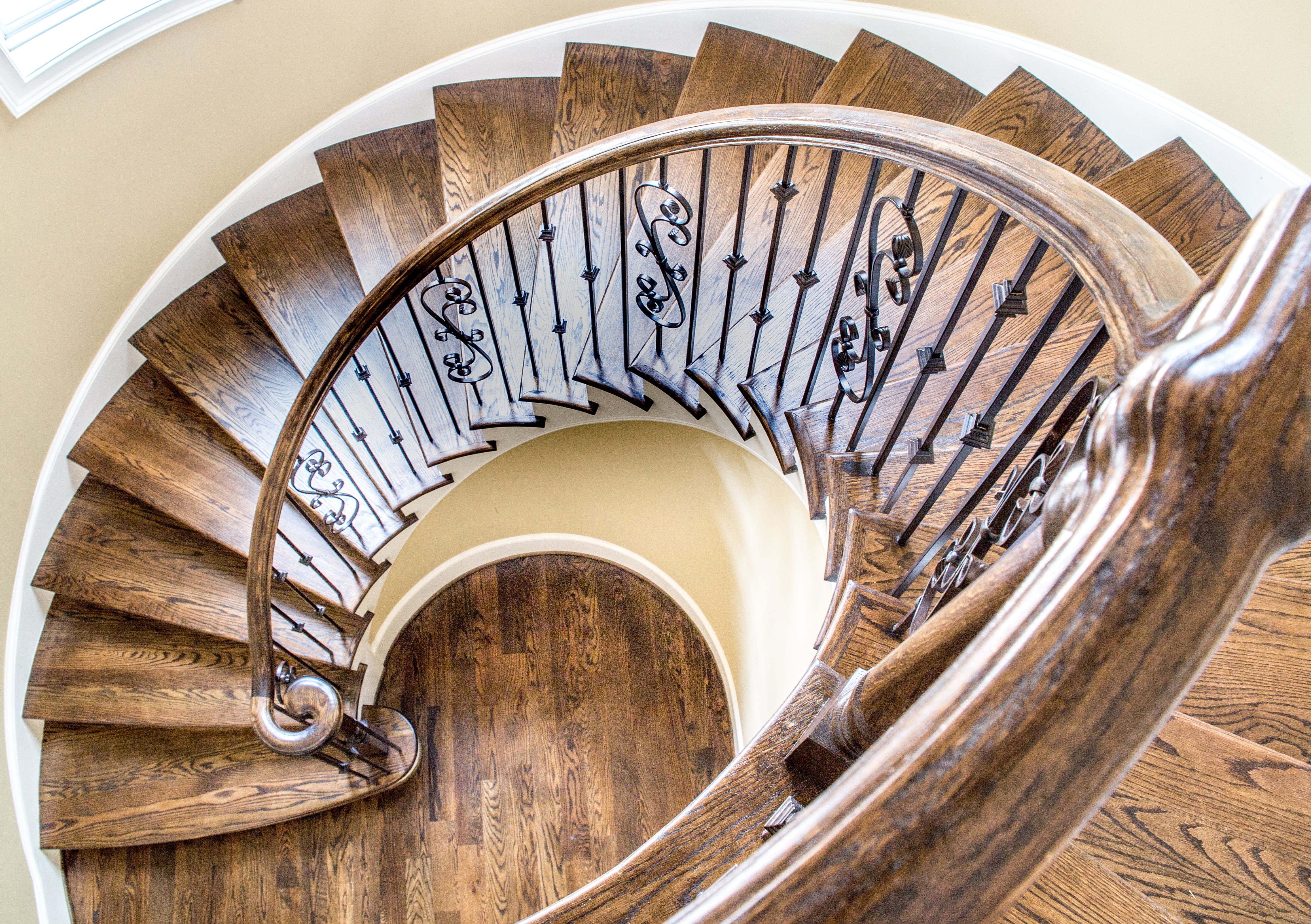 diminishing perspective, stairway, bannister, railing, staircase, high angle view, spiral Staircase, high, built structure, luxury, trim, design, curve, HD Wallpaper