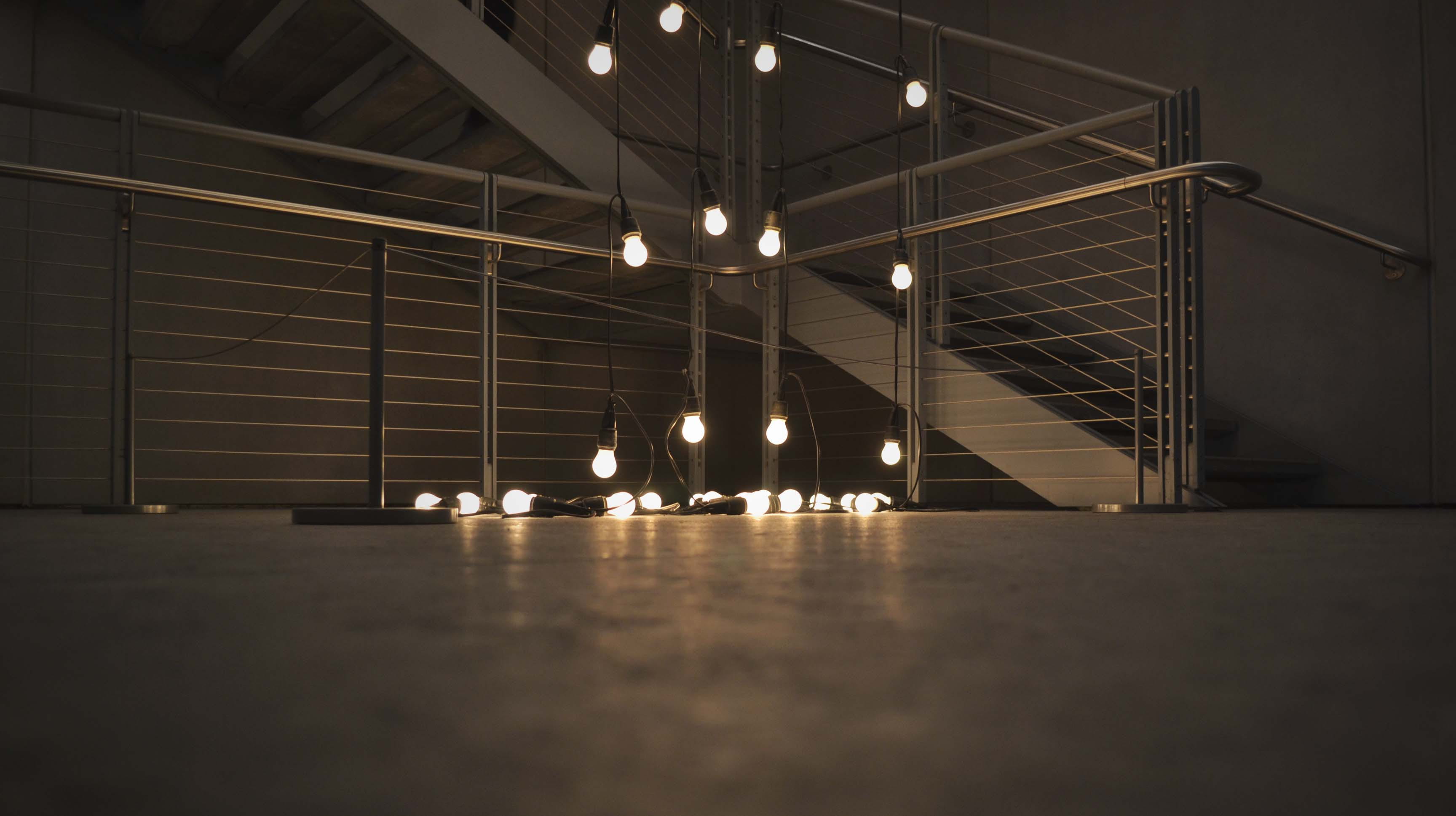 bridge, window, flooring, staircase, lighting equipment, no people, railing, lightbulb, industrial, steel, modern, night, connection, building, concrete, HD Wallpaper