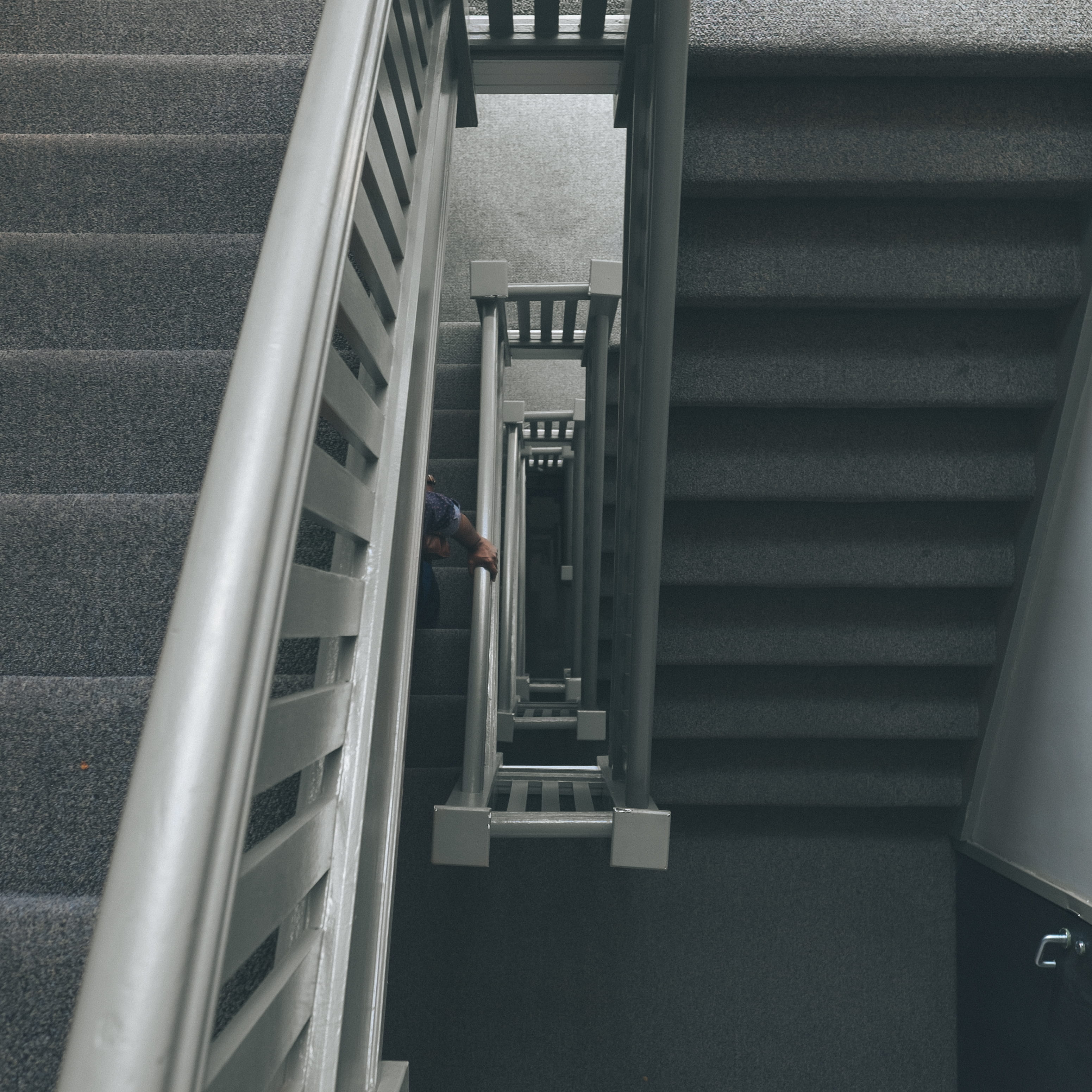 step, moving up, railing, railhand, directly above, railings, spiral, high angle view, white, walking, architecture, structure, grey, building, 2K, floor, Phone HD Wallpaper