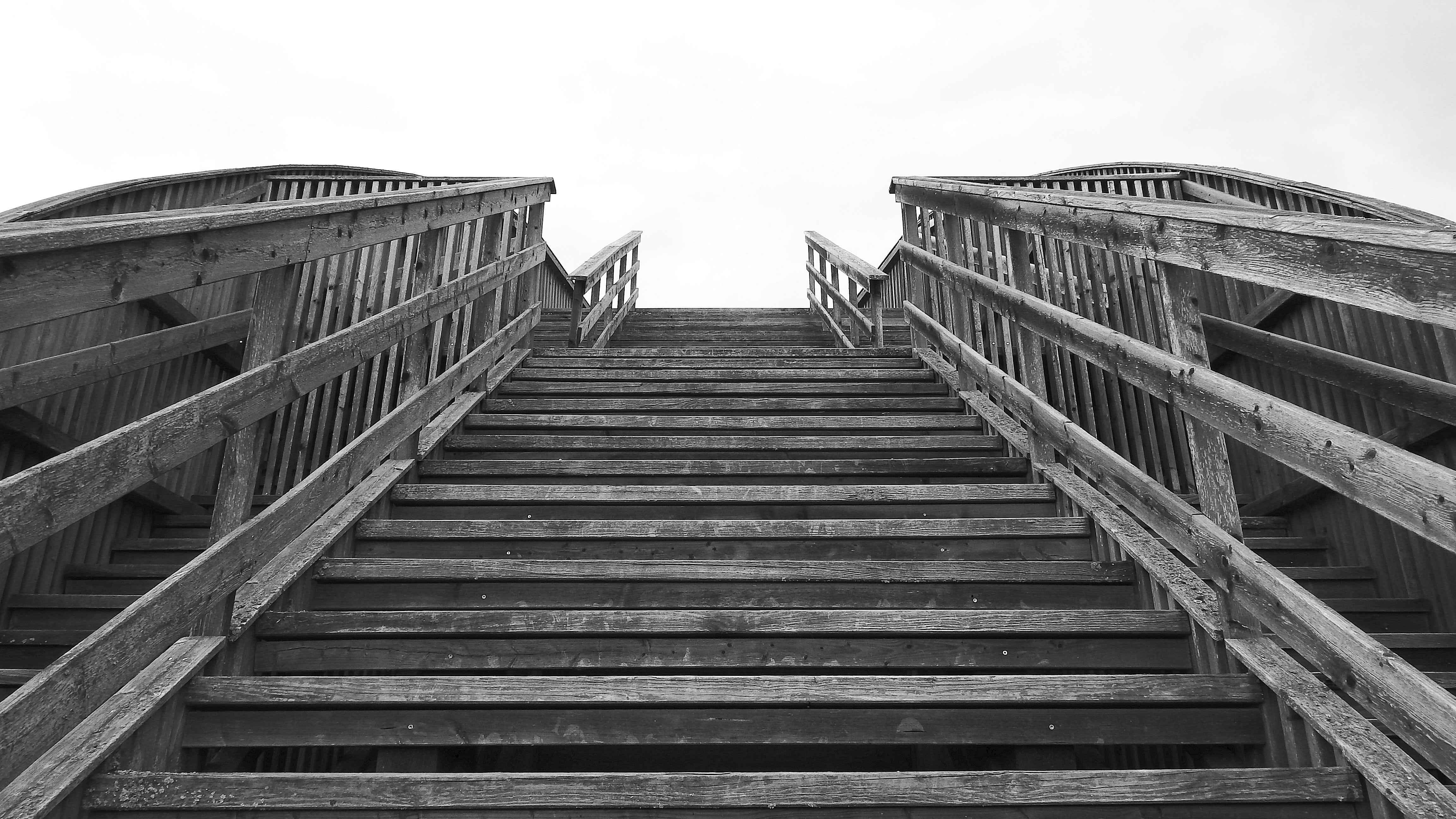 black and white, building exterior, staircase, low, emergence, wood - material, connection, architecture, wooden, nature, stairs, railing, 4K, angle, no people, HD Wallpaper