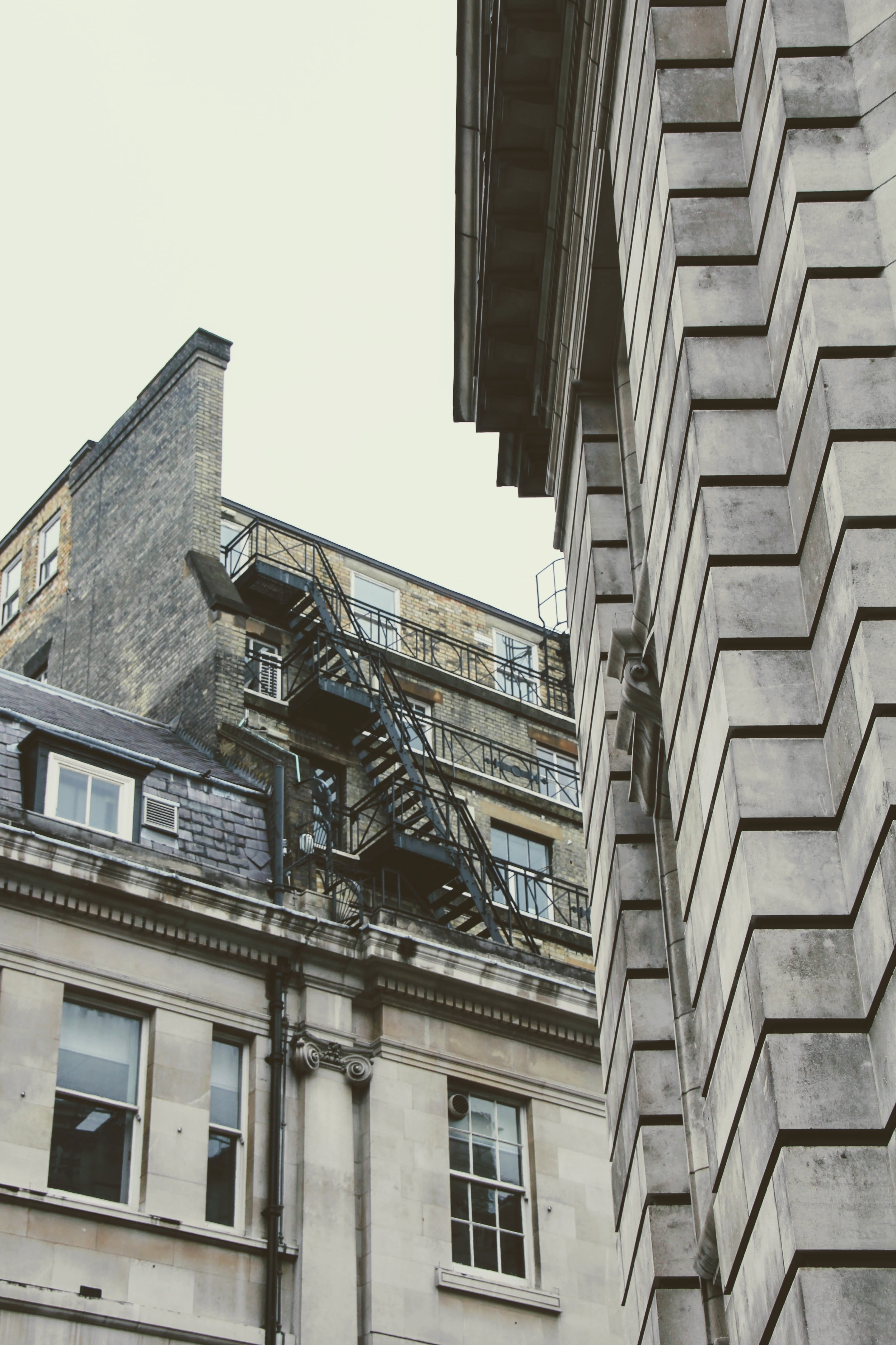 clear sky, fire escape, day, city, building exterior, outdoors, apartment, low angle view, 4K, old, staircase, window, london, facade, residential district, Phone HD Wallpaper