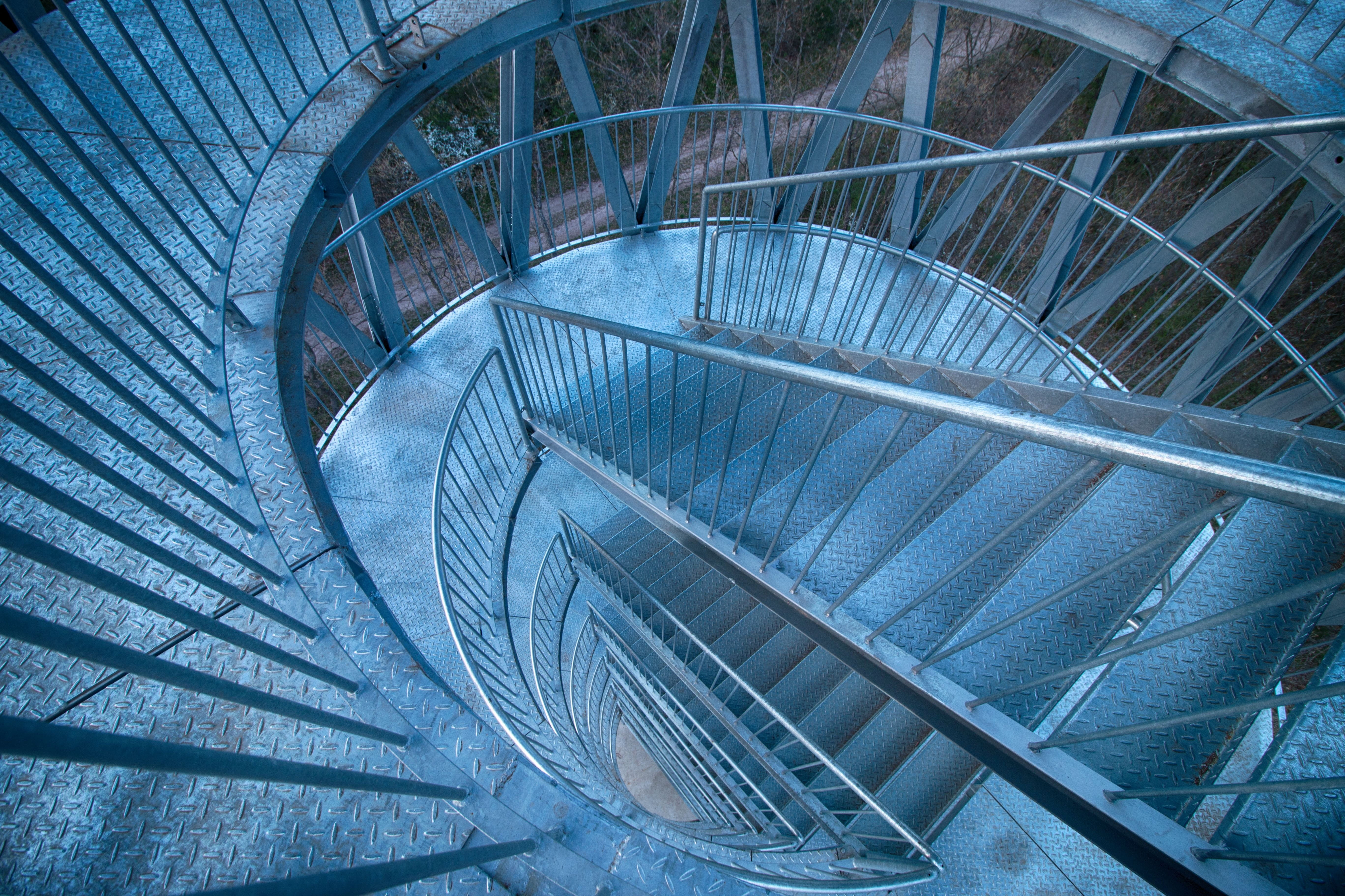 indoors, spiral, architecture And Buildings, directly above, architecture, trip, Building, staircase, 5K, travel, viewpoint, spiral Staircase, silver, HD Wallpaper