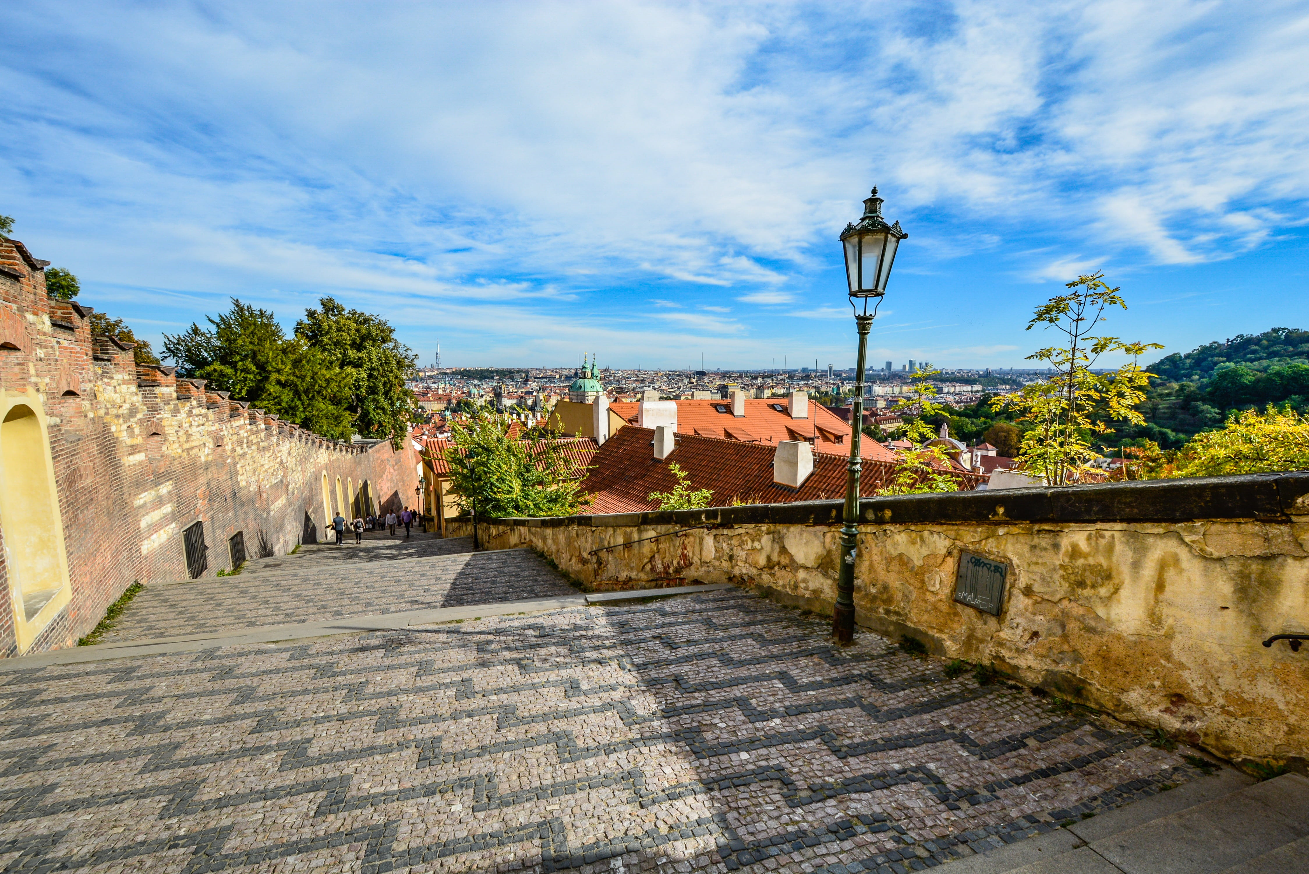 beside, tree, wall - building feature, view, nature, steps, street, city, roof tile, day, plant, staircase, castle, building exterior, post, roof, skyline, HD Wallpaper