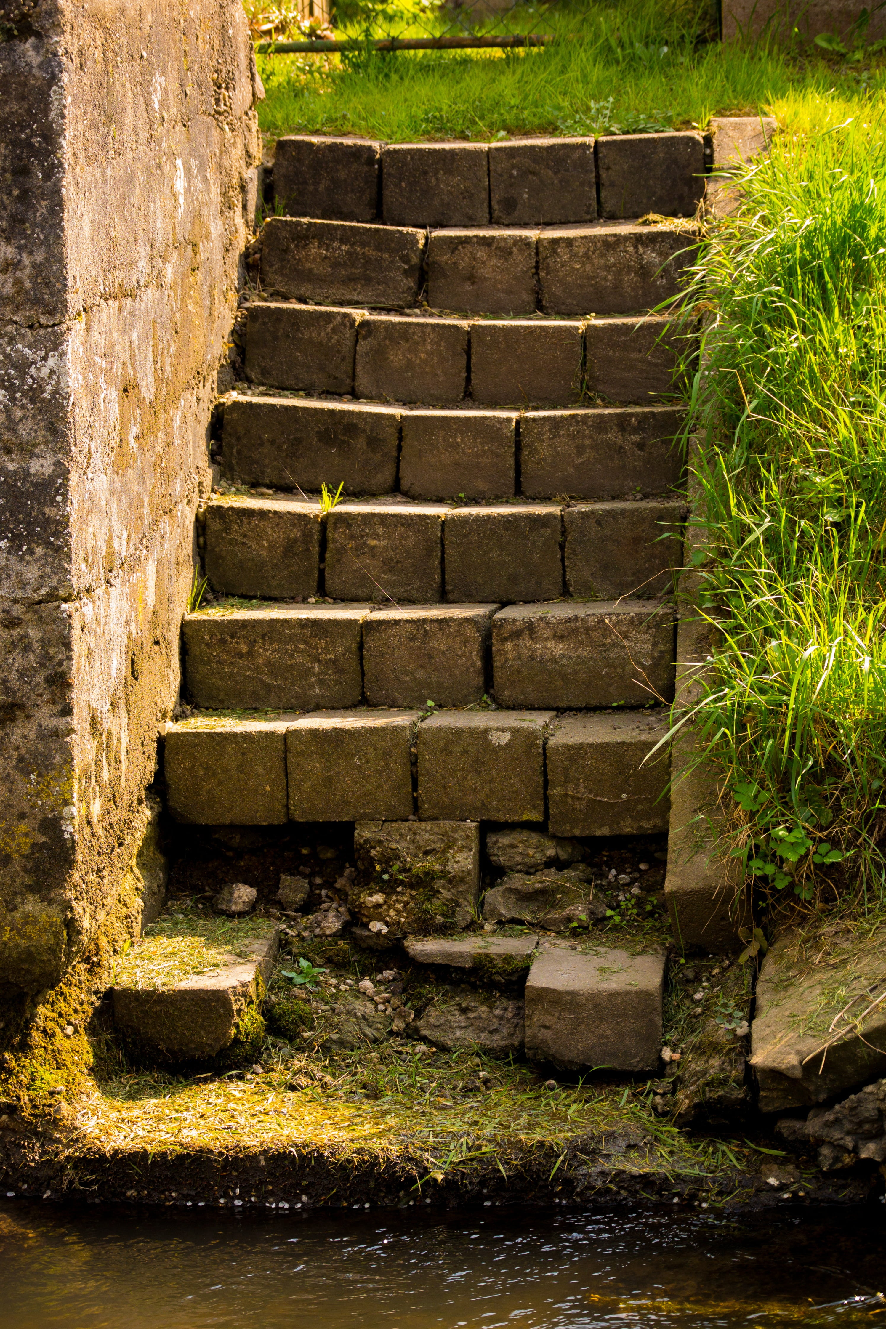 water, emergence, upward, history, flowing water, gradually, outdoors, architecture, brick, rise, sunlight, plant, built structure, grass, stone steps, Phone HD Wallpaper