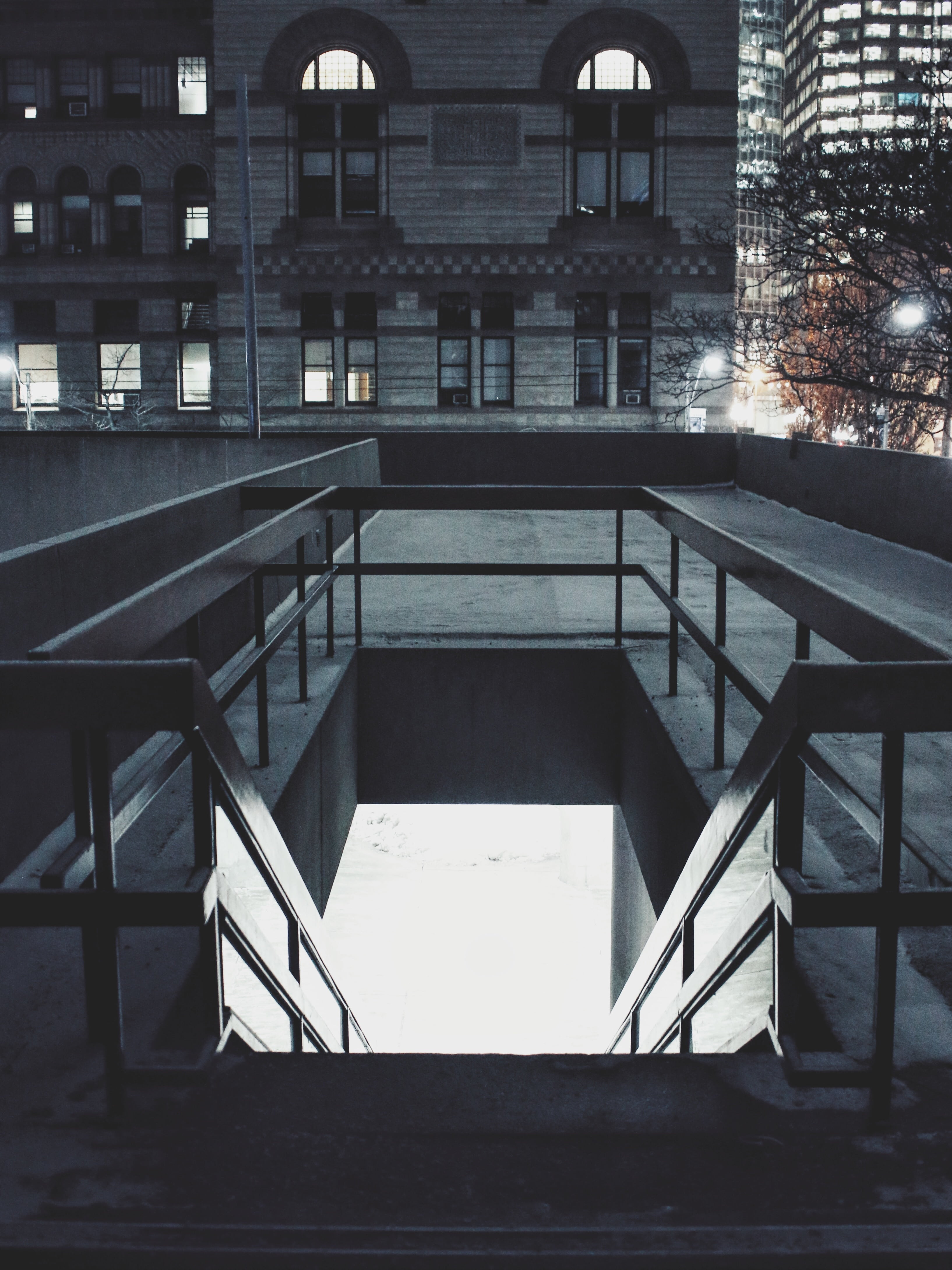 building exterior, design, stair, empty, built structure, winter, architecture, day, snow, 4K, railing, building, illuminated, steps and staircases, photography, Phone HD Wallpaper