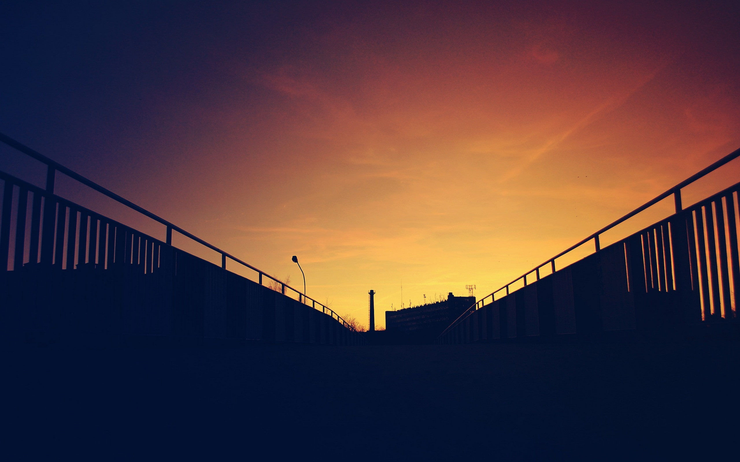 built structure, footbridge, balustrade, low angle view, 2K, city, direction, transportation, sunset, photography, bridge, connection, sky, orange color, HD Wallpaper