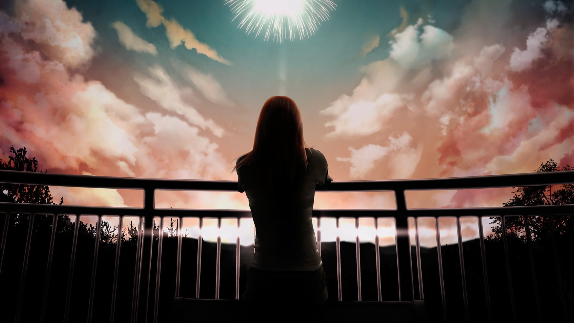 balustrade, scenics - nature, real people, adult, rear view, silhouette, railing, nature, anime girls, sunset, sky, hairstyle, beauty in nature, outdoors, HD Wallpaper