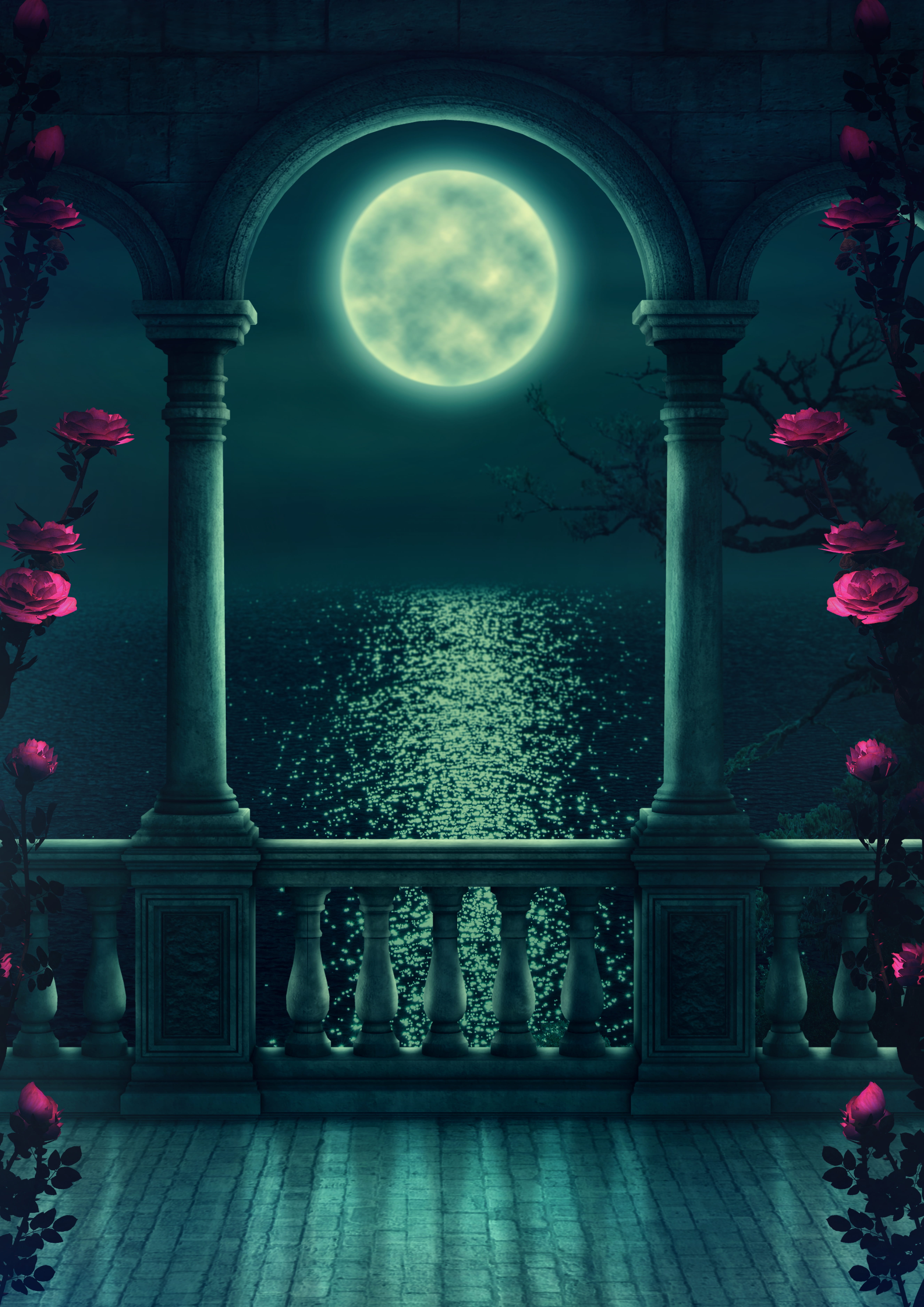 gorgeous, atmosphere, no people, architectural column, flower, emotion, building exterior, balustrade, building, architecture, water, plant, moonlight, Phone HD Wallpaper