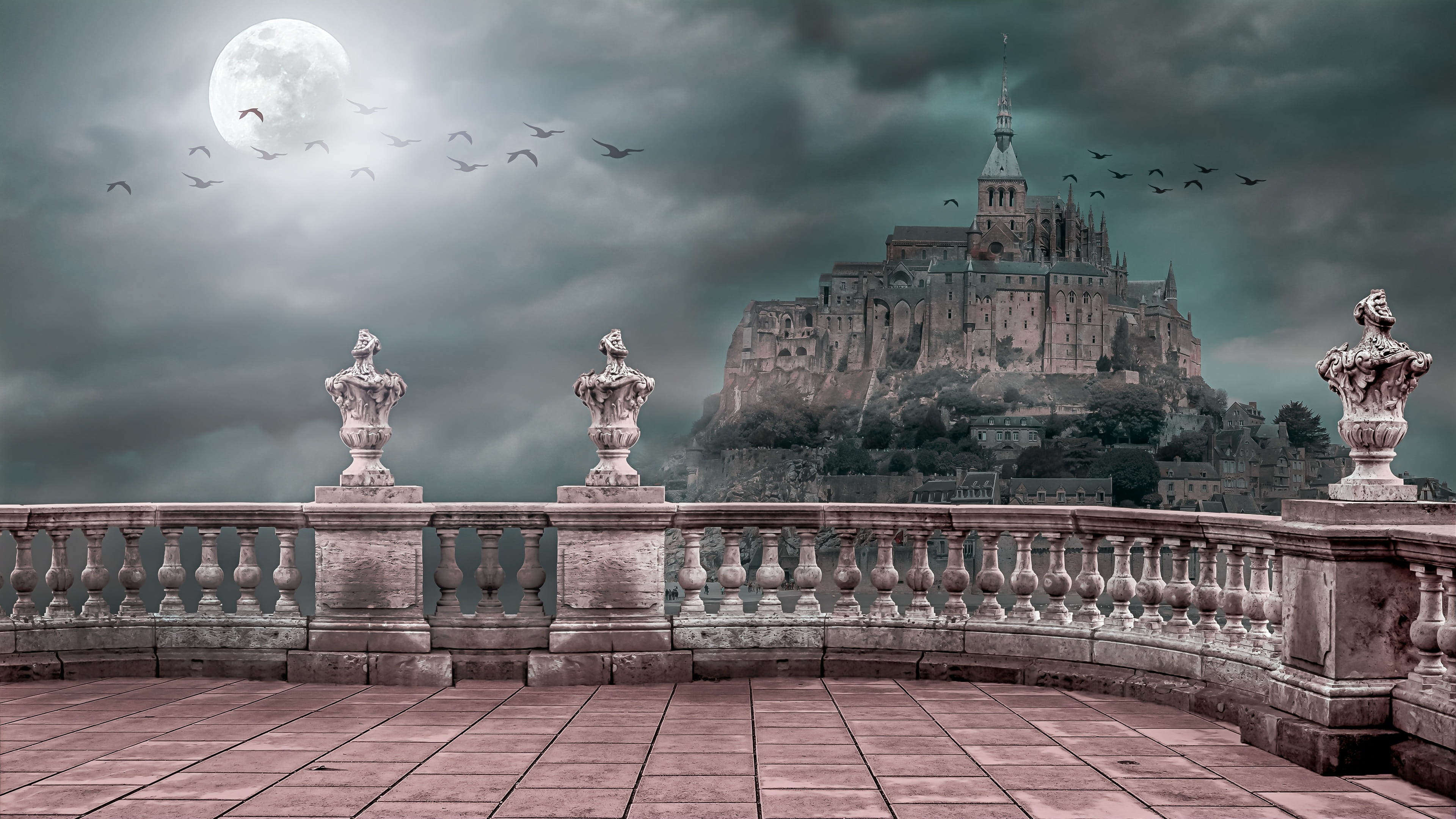 building exterior, clouds, sky, history, travel destinations, landscape, 4K, art and craft, architecture, cloud - sky, the past, mont st michel, moon, HD Wallpaper
