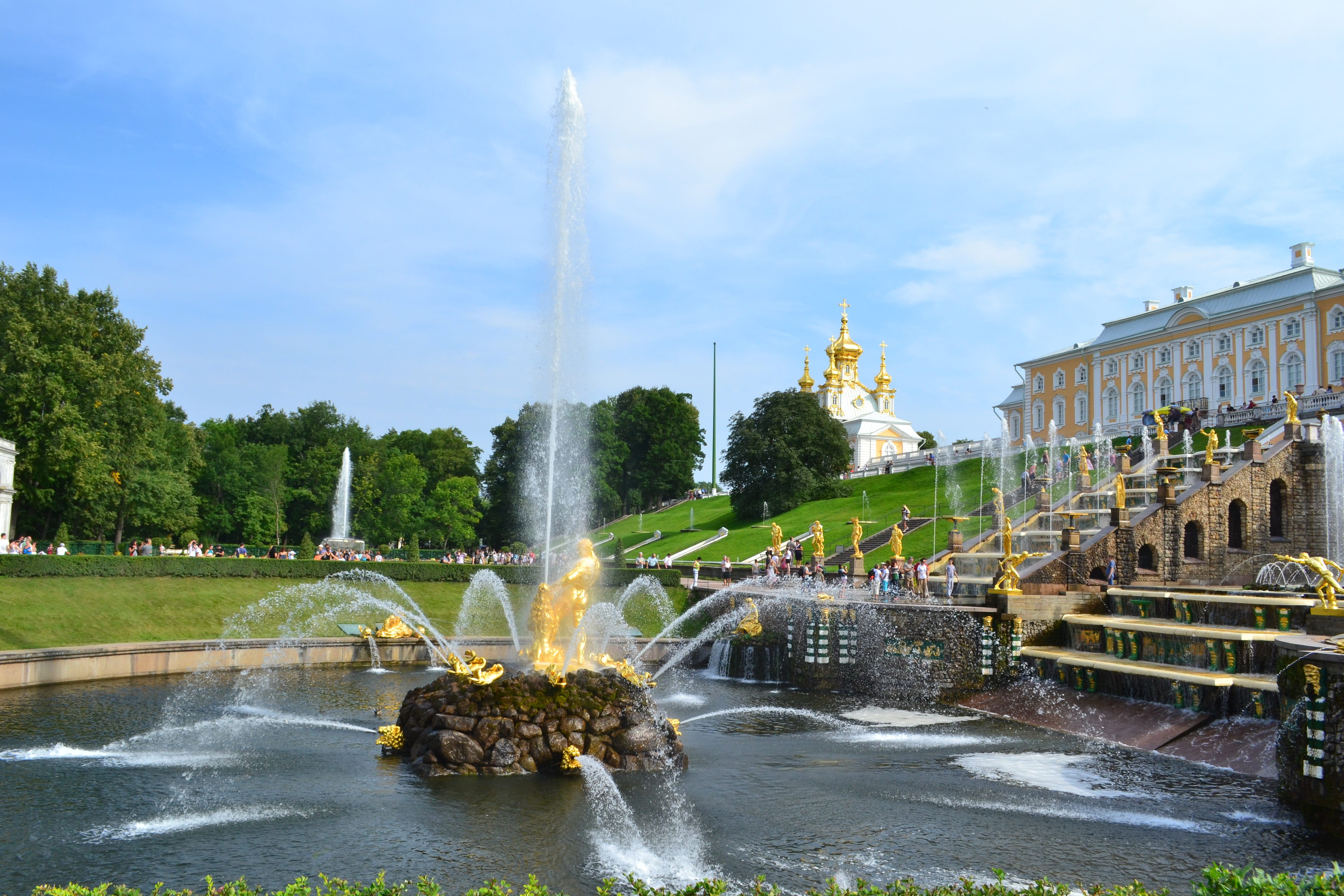 Peterhof, architectural column, long exposure, park, water, incidental people, Russia, travel, nature, built structure, architecture, samson fountain, palace, HD Wallpaper