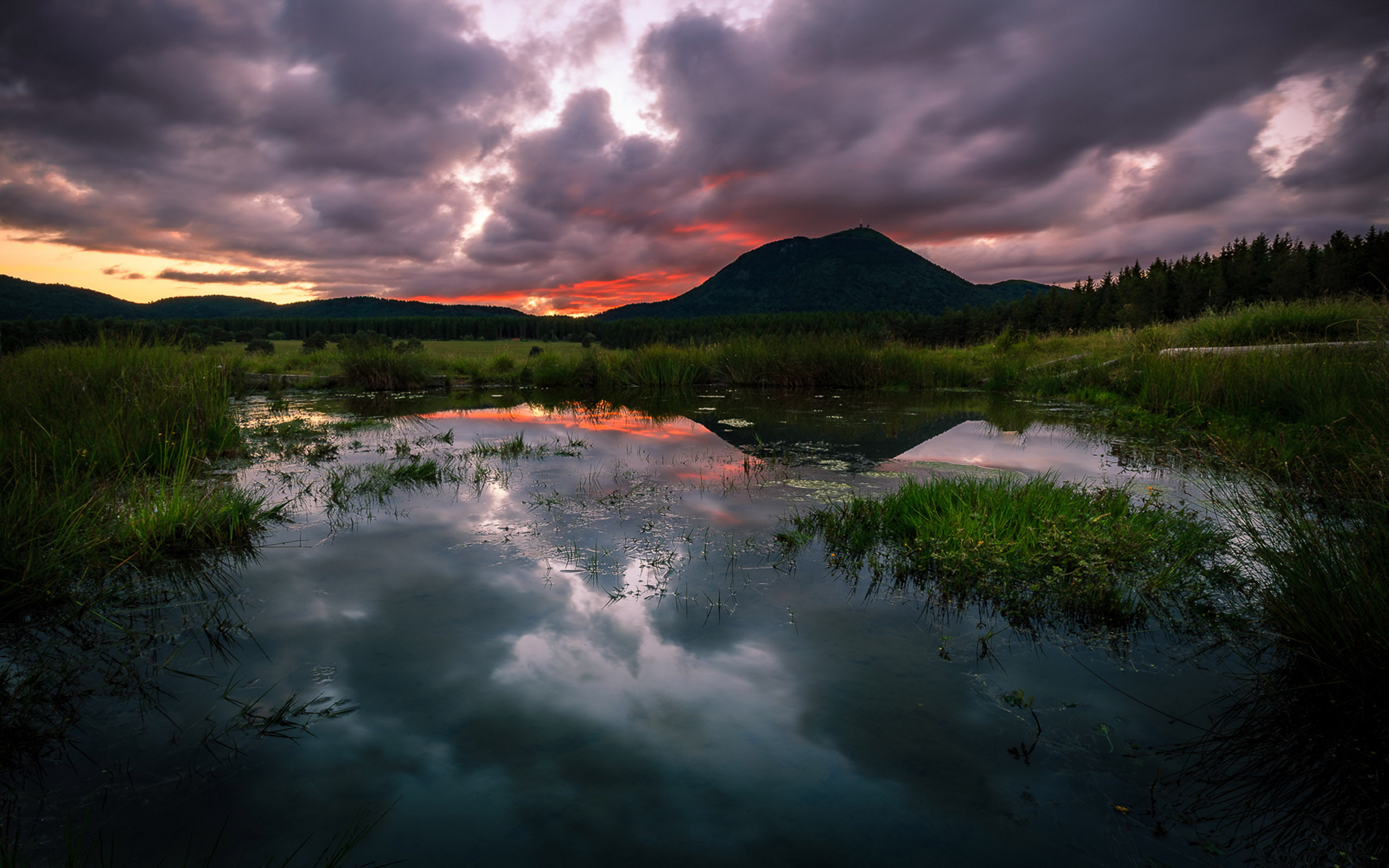 black, desktop, 2K, hd, sky, clouds, dark, auvergne, behind, france, famous, volcano, sunset, HD Wallpaper