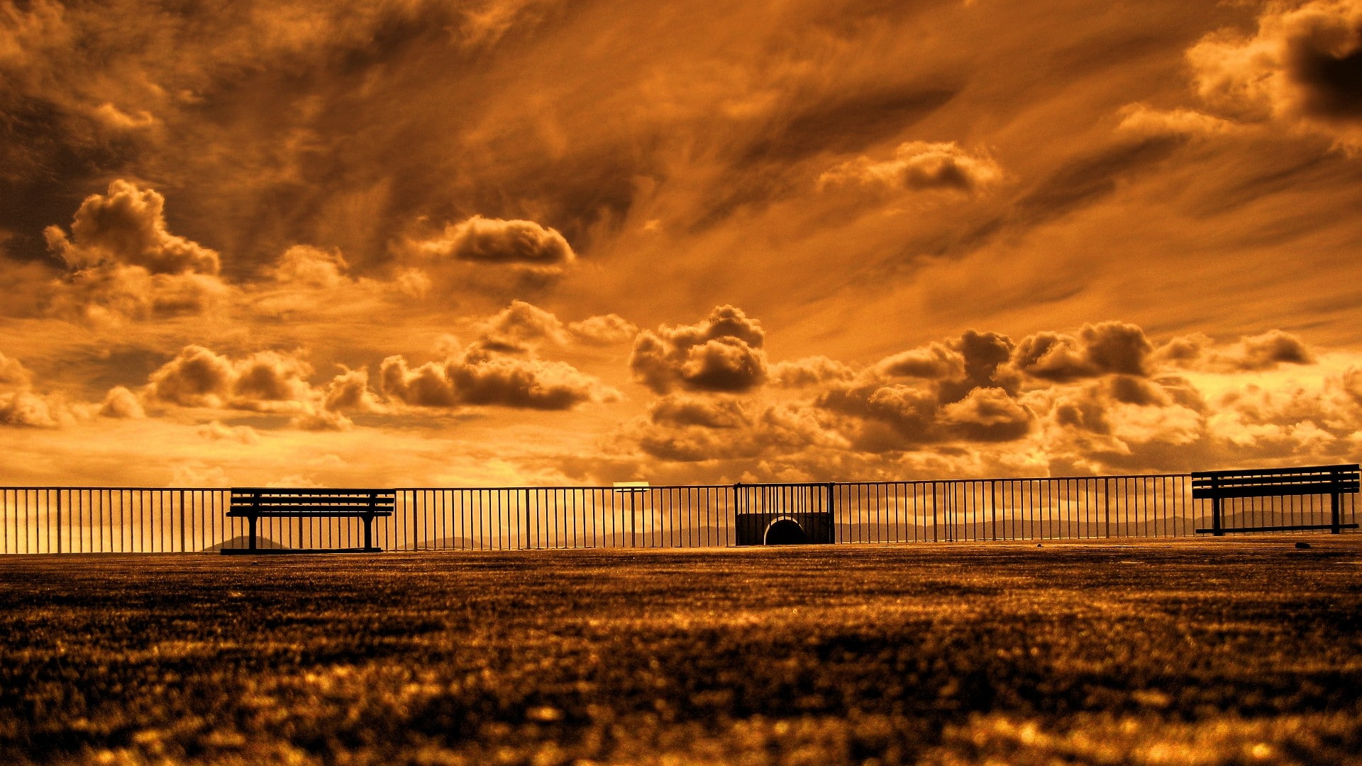 nature, outdoors, environment, orange, beauty in nature, architecture, worms eye view, bench, tranquility, sepia, sunset, scenics - nature, clouds, 1080P, HD Wallpaper