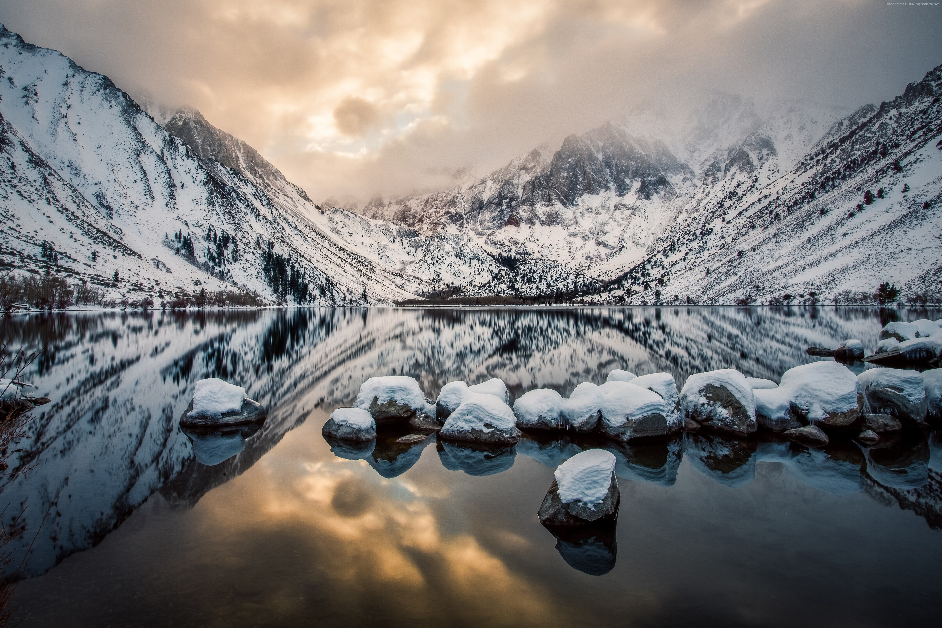 ice, 4K, Convict Lake, Mount Morrison, lake, sunset, California, snow, river, Mountains, 4k, HD Wallpaper