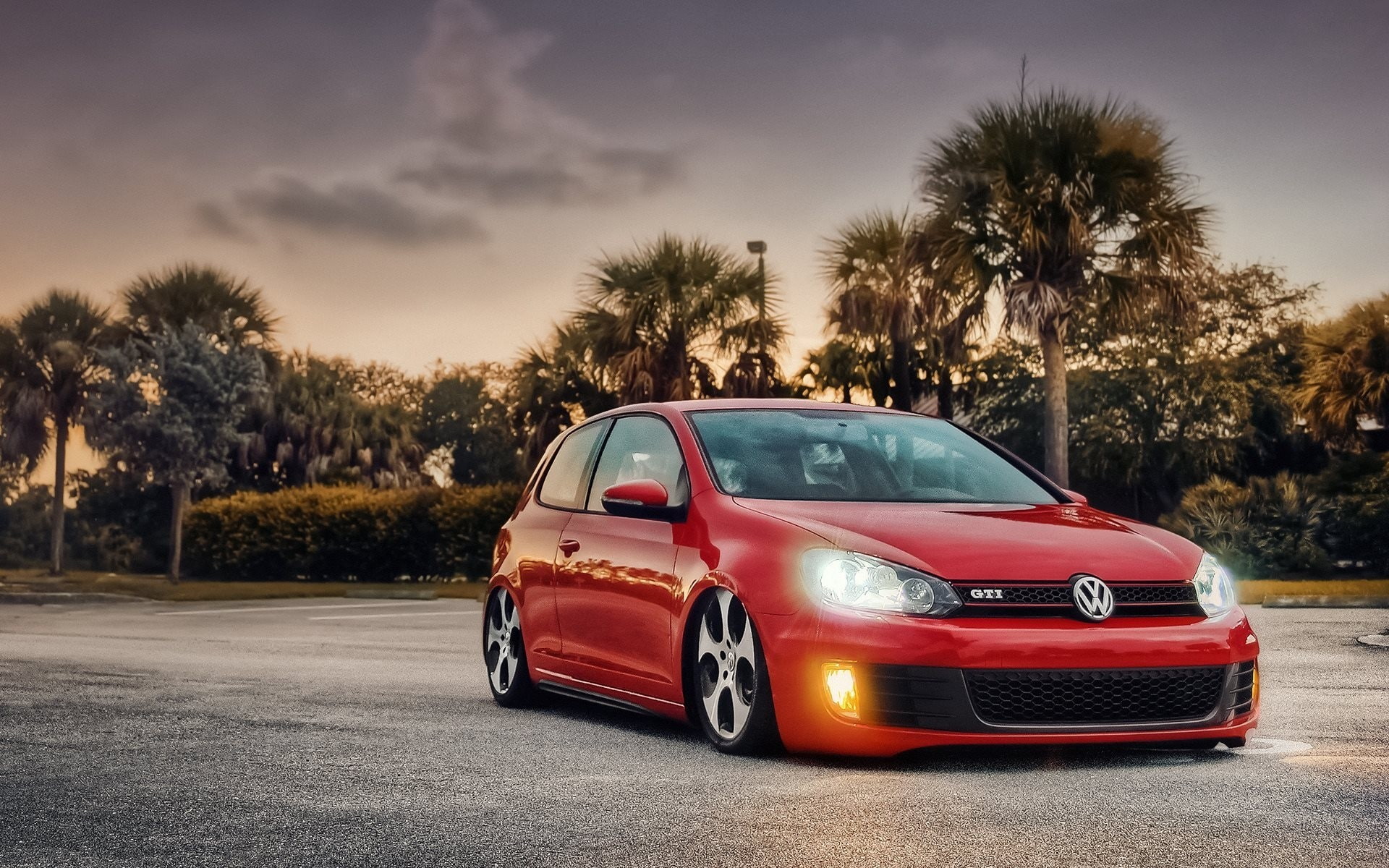 luxury, travel, plant, Volkswagen, motor vehicle, Bagged, Gti, Side view, land vehicle, dusk, road trip, 1080P, city, tree, retro styled, Red, car, Mk6, HD Wallpaper