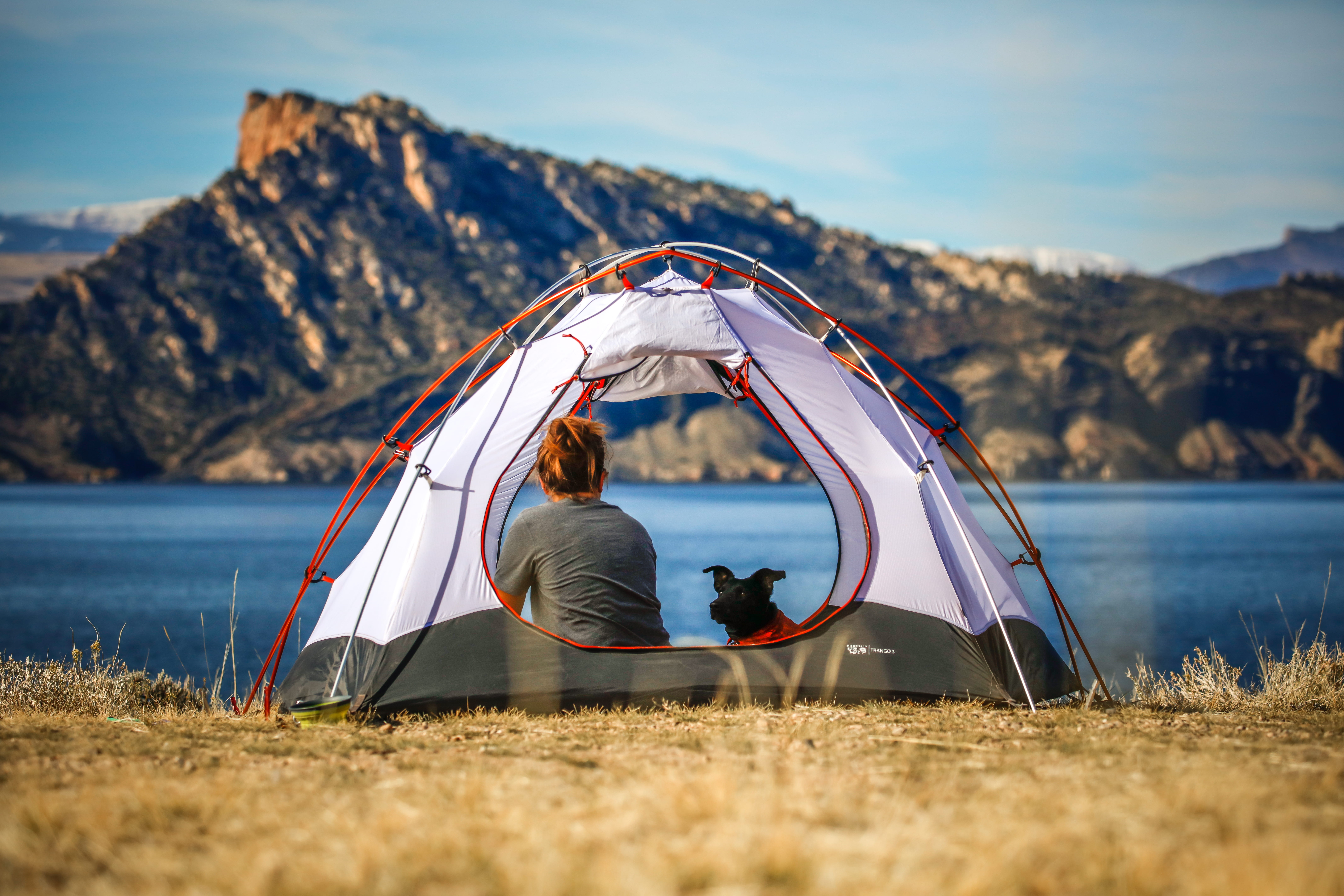 adult, leisure activity, near, sitting, mountain, body, camping, gray, people, camping dog, tent, nature, sky, outdoors, holiday, white, inside, mountain hardwear, HD Wallpaper