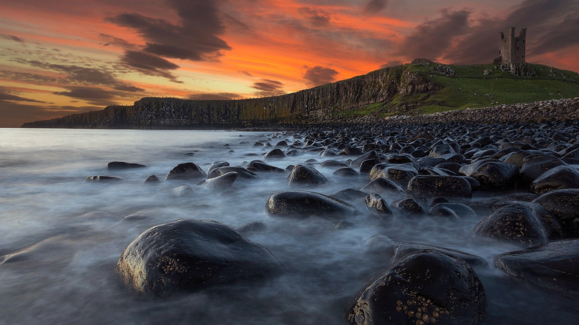 landscape, cliff, mountains, beauty in nature, England, land, idyllic, outdoors, sunset, water, grass, non-urban scene, flowing water, waves, no people, HD Wallpaper